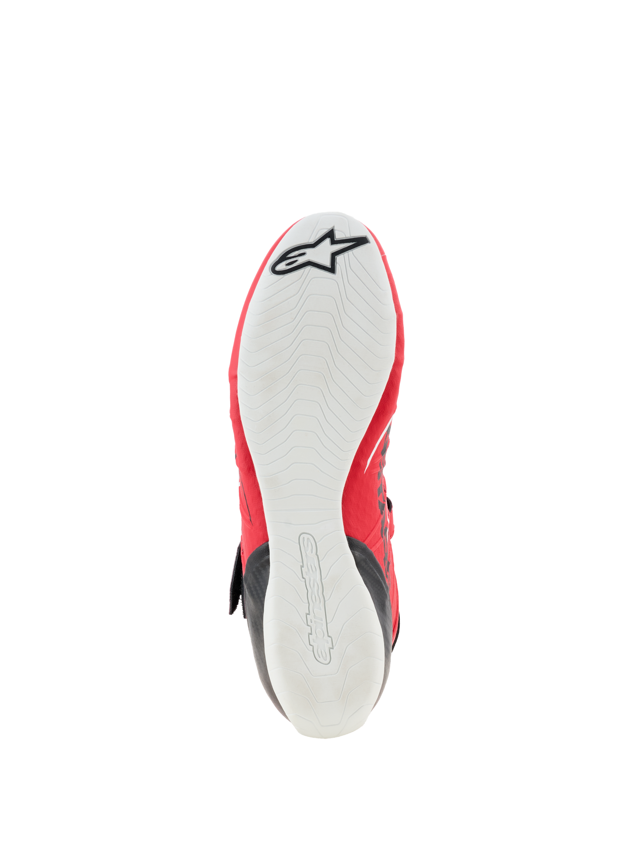 Sapatos Alpinestars Tech-1 KX V3 - FIA, sapatos de karting, vista inferior mostrando a sola exterior de borracha fina branca, padrão de aderência texturizado para sensibilidade aos pedais, rebordos superiores vermelhos, logótipo da estrela Alpinestars preto na ponta e marca em relevo no calcanhar