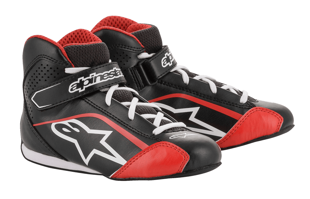Sapatos Alpinestars Youth Tech-1 K, sapatos de karting, pretos, brancos e vermelhos, com parte superior em microfibra leve com detalhes em vermelho, atacadores brancos e fita de velcro no tornozelo, concebidos para corridas de kart para jovens