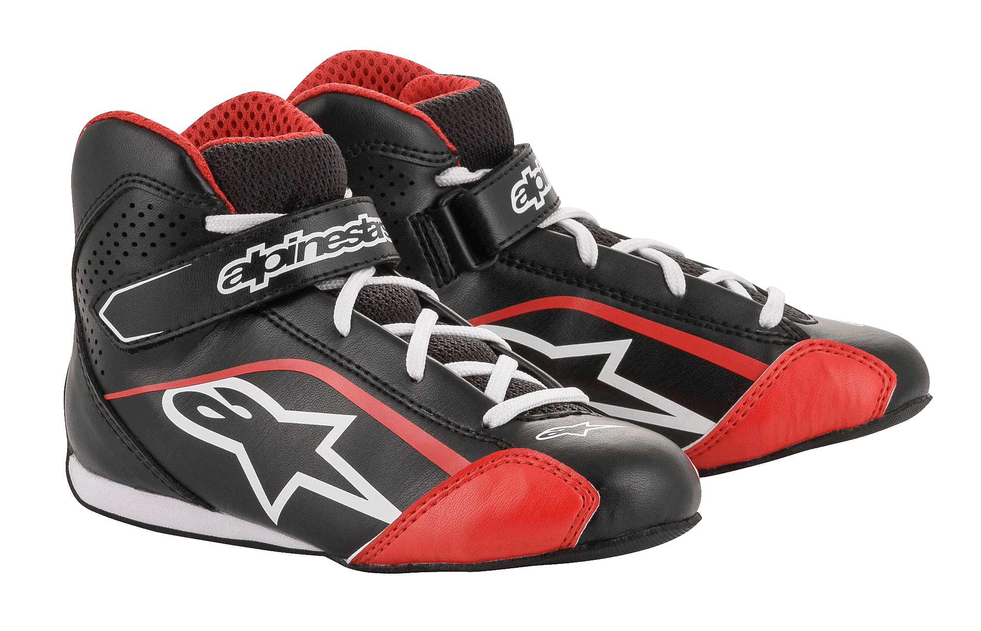 Sapatos Alpinestars Youth Tech-1 K, sapatos de karting, pretos, brancos e vermelhos, com parte superior em microfibra leve com detalhes em vermelho, atacadores brancos e fita de velcro no tornozelo, concebidos para corridas de kart para jovens