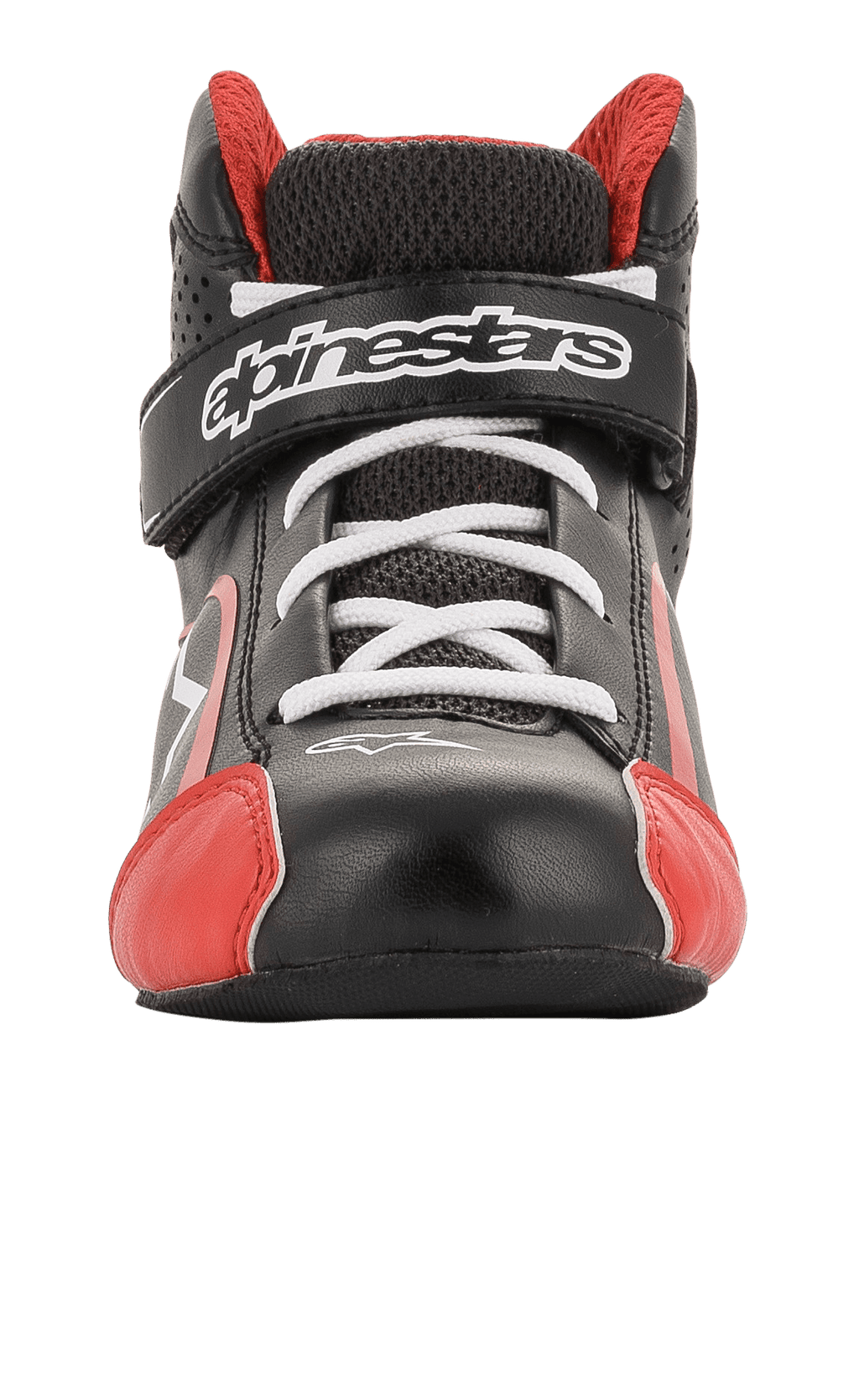 Alpinestars Youth Tech-1 K Shoes, sapatos de karting, pretos, brancos e vermelhos, vista frontal com atacadores brancos e tira de velcro com a marca, detalhes vermelhos na biqueira, construção leve em microfibra e malha