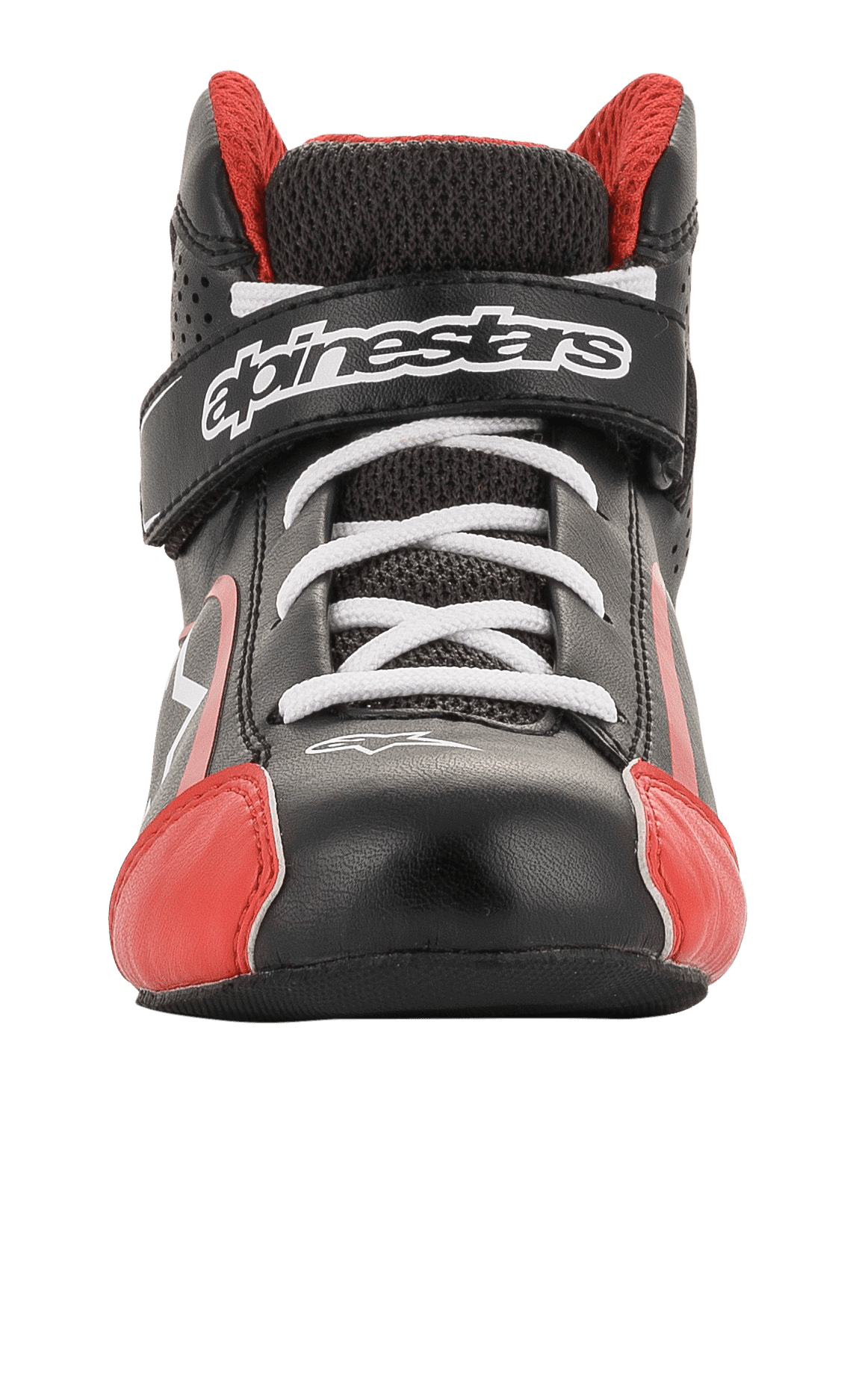 Alpinestars Youth Tech-1 K Shoes, sapatos de karting, pretos, brancos e vermelhos, vista frontal com atacadores brancos e tira de velcro com a marca, detalhes vermelhos na biqueira, construção leve em microfibra e malha