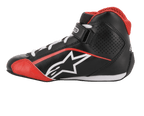 Sapatos Alpinestars Youth Tech-1 K, calçado de karting, preto, branco e vermelho, perfil lateral com logótipo de estrela branco, colarinho em malha vermelha, atacadores brancos e tira no tornozelo, design em microfibra leve e malha para corridas