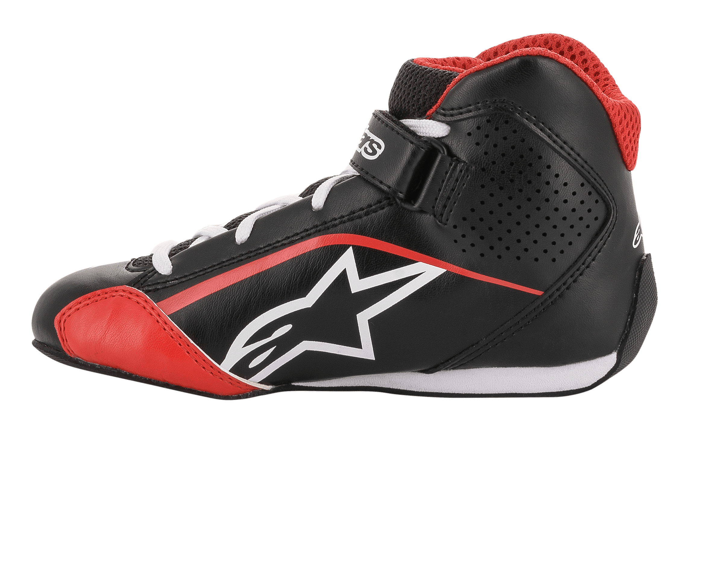 Sapatos Alpinestars Youth Tech-1 K, calçado de karting, preto, branco e vermelho, perfil lateral com logótipo de estrela branco, colarinho em malha vermelha, atacadores brancos e tira no tornozelo, design em microfibra leve e malha para corridas