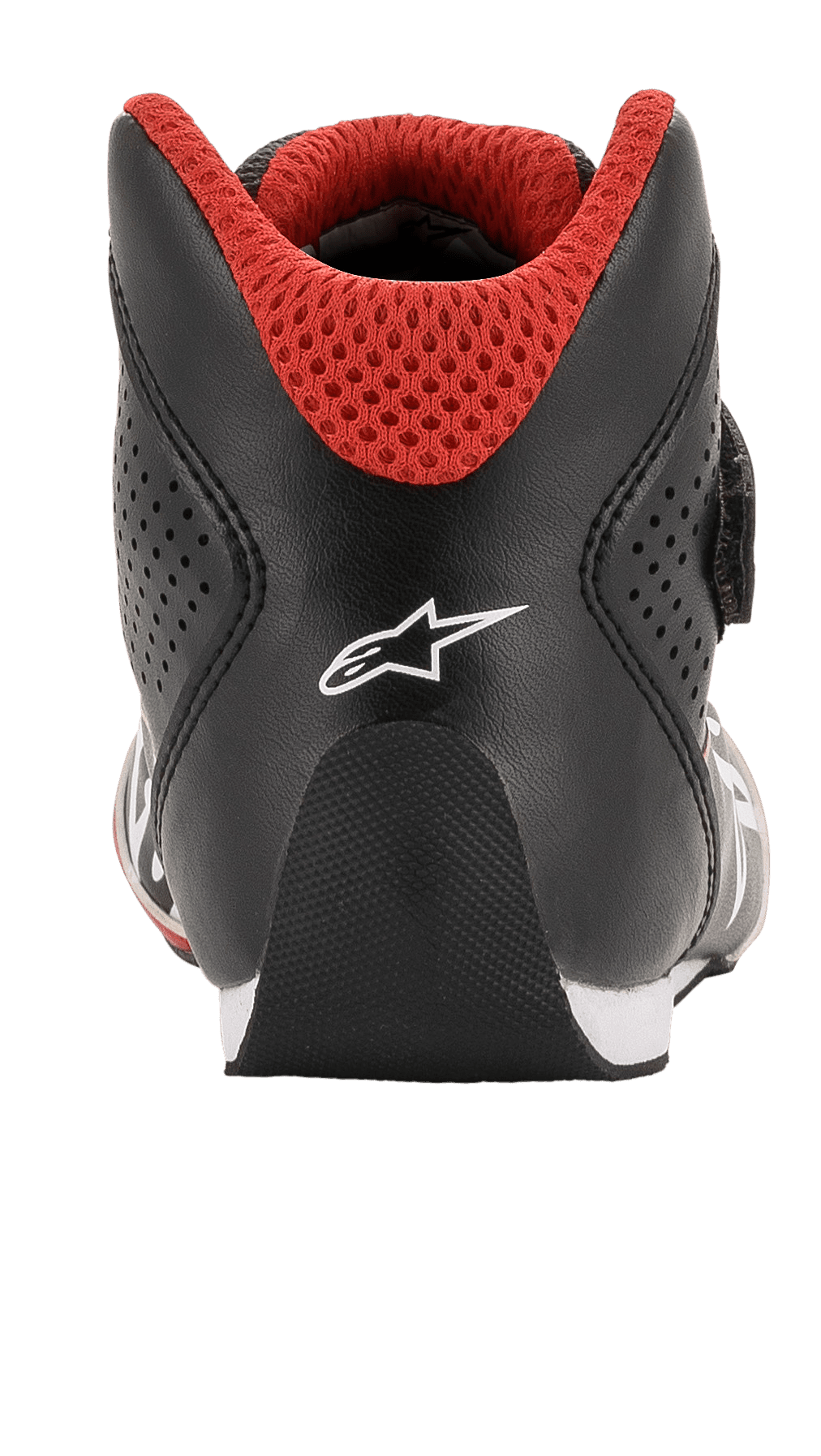 Sapatos Alpinestars Youth Tech-1 K, sapatos de karting, pretos, brancos e vermelhos, vista traseira com calcanhar arredondado, logótipo Alpinestars branco e gola em malha 3D vermelha para corridas de kart