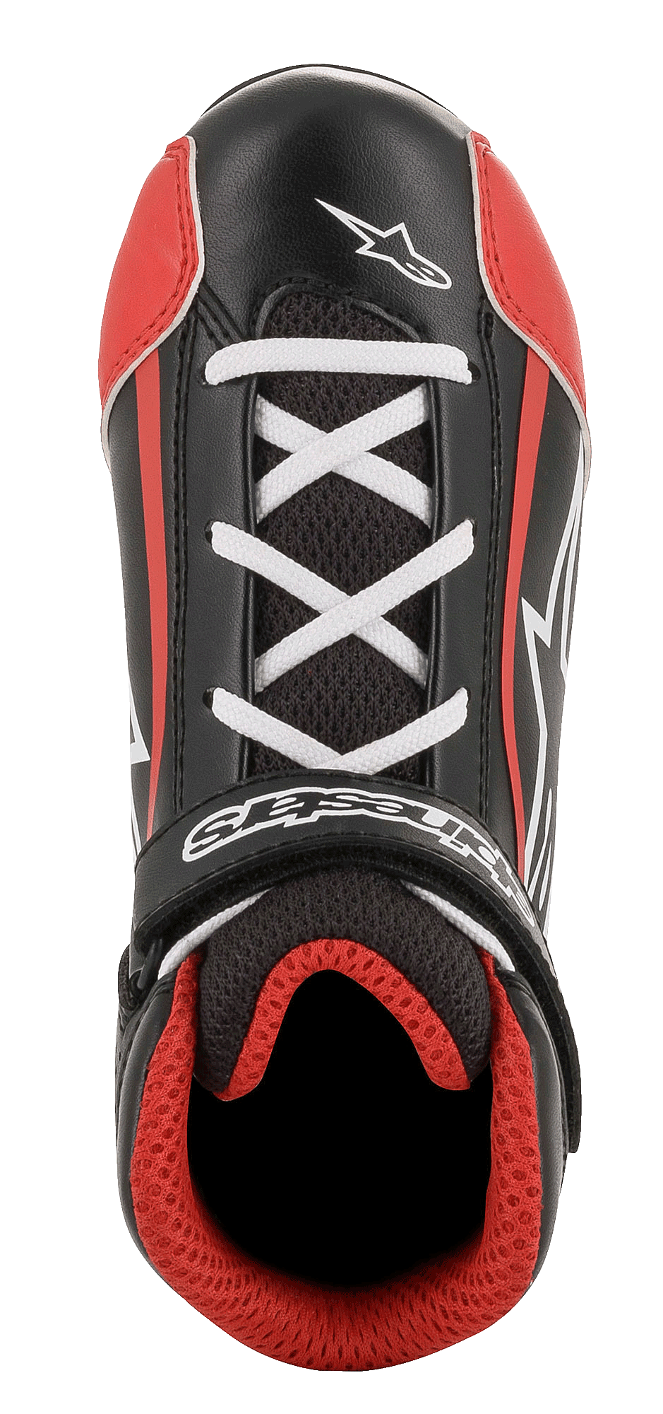 Sapatos Alpinestars Youth Tech-1 K, sapatos de karting, pretos, brancos e vermelhos, vista superior com atacadores brancos cruzados, tira de velcro preta com logótipo, forro em malha 3D vermelha e construção durável em microfibra e malha