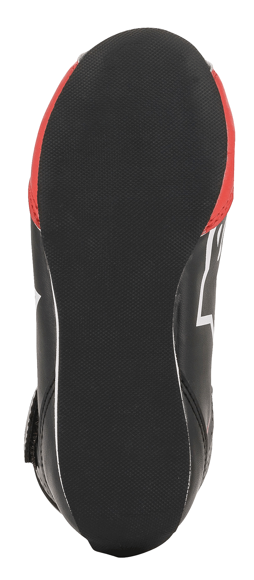 Alpinestars Youth Tech-1 K Shoes, sapatos de karting, pretos, brancos e vermelhos, vista inferior apresentando a sola de borracha preta texturizada com calcanhar arredondado para sensibilidade ao pedal e detalhes laterais vermelhos