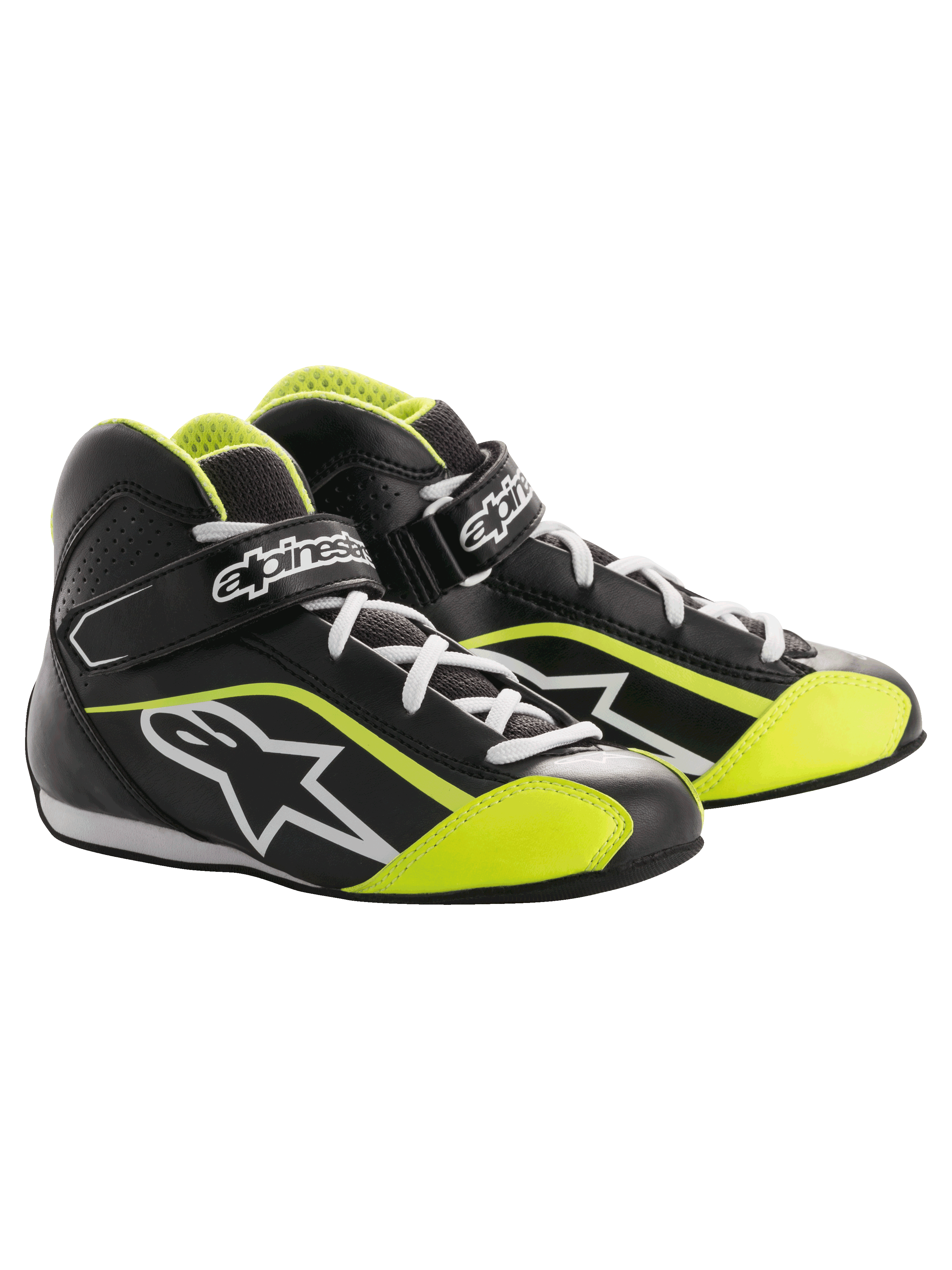 Alpinestars Youth Tech-1 K, sapatos de corrida de karting para jovens, pretos e amarelo fluorescente, design de cano alto com atacadores brancos, tira de velcro com a marca, logótipo de estrela lateral e painéis perfurados.