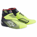 Alpinestars Tech-1 KZ V2 Shoes, sapatilhas de karting, preto e amarelo néon, com parte superior em malha sem costuras, fecho de velcro duplo, logótipo de estrela Alpinestars branco, gráficos impressos em 3D pretos, colarinho alto com detalhes vermelhos, sola branca fina, calçado especializado para desporto motorizado