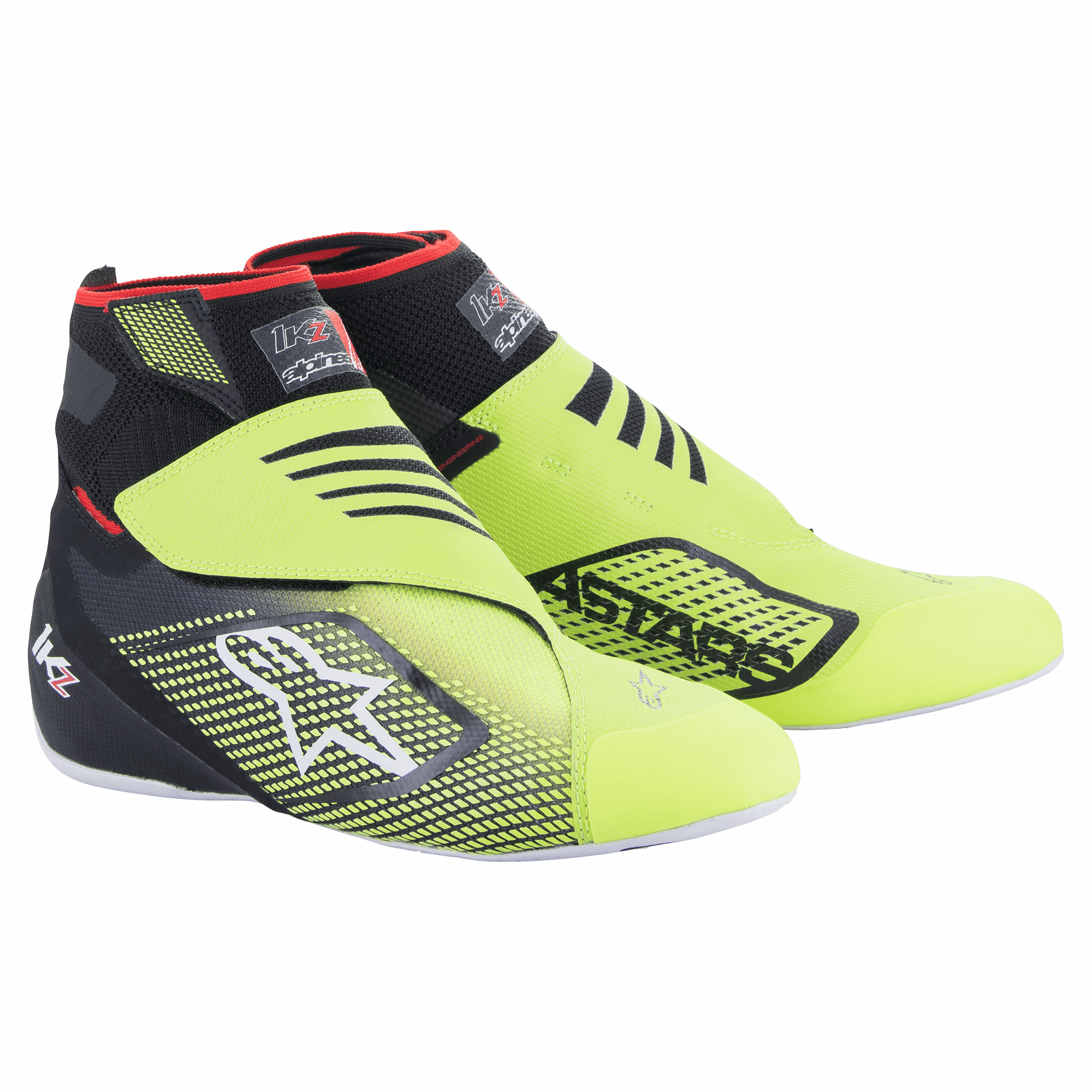 Alpinestars Tech-1 KZ V2 Shoes, sapatilhas de karting, preto e amarelo néon, com parte superior em malha sem costuras, fecho de velcro duplo, logótipo de estrela Alpinestars branco, gráficos impressos em 3D pretos, colarinho alto com detalhes vermelhos, sola branca fina, calçado especializado para desporto motorizado