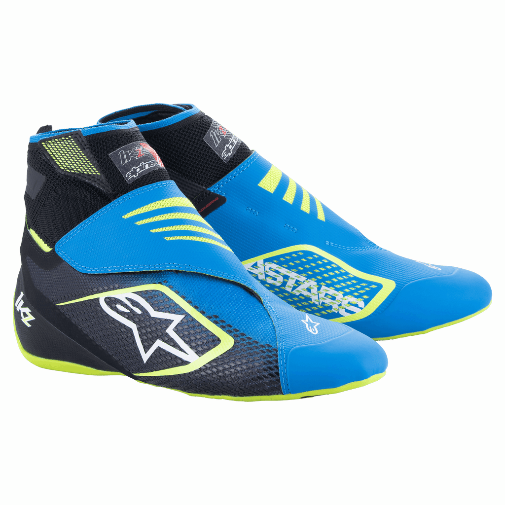 Alpinestars Tech-1 KZ V2 Karting Shoes, sapatos de karting, azuis, pretos e amarelo néon, com parte superior em malha sem costuras, fecho de tira dupla no tornozelo, grande logótipo de estrela branco na lateral, design elegante e leve para desportos motorizados