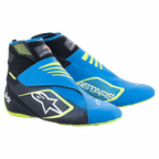 Alpinestars Tech-1 KZ V2 Karting Shoes, sapatos de karting, azuis, pretos e amarelo néon, com parte superior em malha sem costuras, fecho de tira dupla no tornozelo, grande logótipo de estrela branco na lateral, design elegante e leve para desportos motorizados