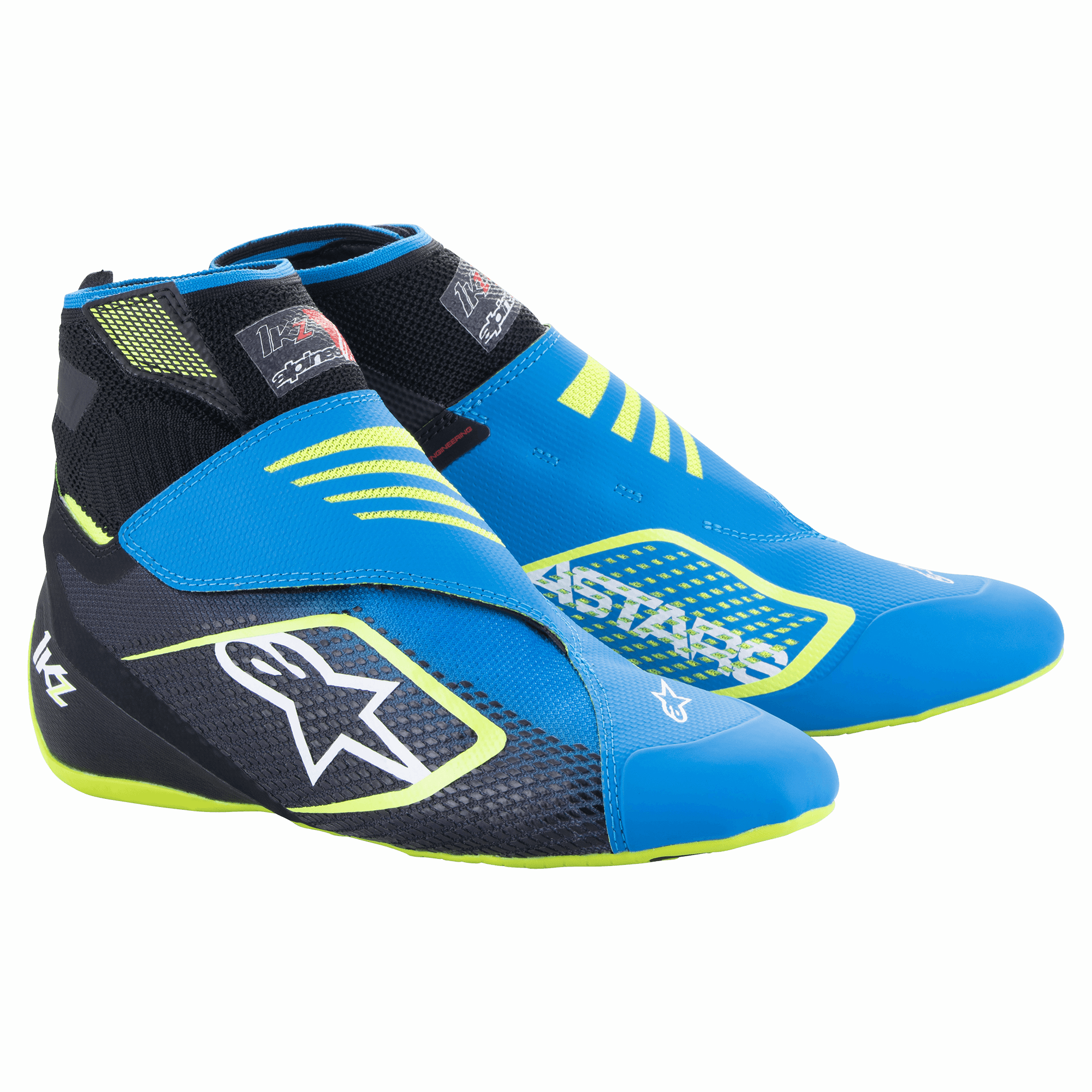 Alpinestars Tech-1 KZ V2 Karting Shoes, sapatos de karting, azuis, pretos e amarelo néon, com parte superior em malha sem costuras, fecho de tira dupla no tornozelo, grande logótipo de estrela branco na lateral, design elegante e leve para desportos motorizados