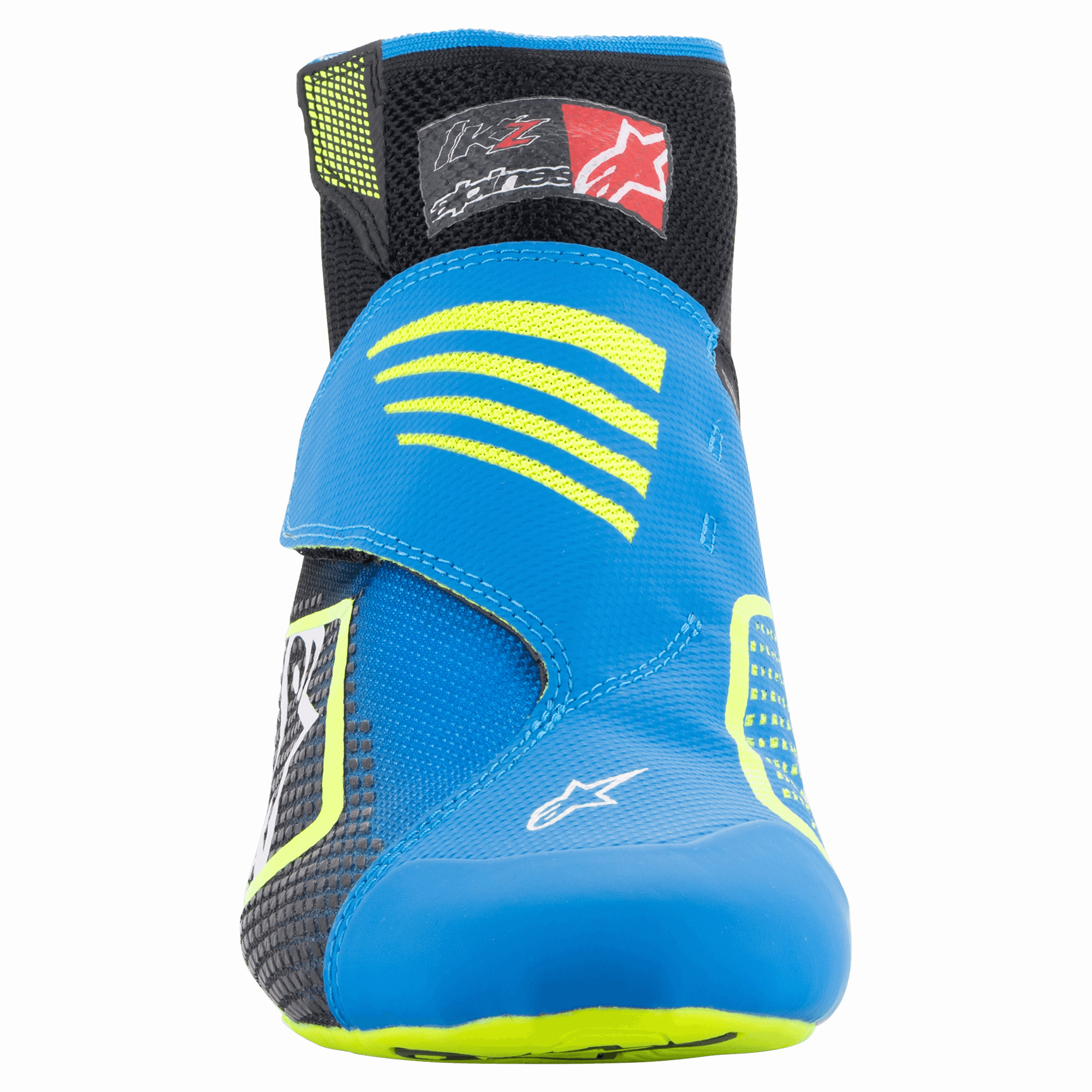 Sapatos Alpinestars Tech-1 KZ V2, Sapatos de Karting, Preto, Azul Enamel e Amarelo Fluo, vista frontal mostrando a parte superior tricotada sem costuras, tira azul vibrante com detalhes amarelos e colarinho de tornozelo preto.