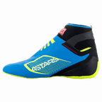 Sapatos Alpinestars Tech-1 KZ V2, sapatos de karting, Azul Enamel com detalhes em preto e Amarelo Fluo, vista lateral de perfil com construção superior em malha sem costuras e sola de borracha fina derivada da Fórmula 1, logótipo ASTARS em destaque na lateral.