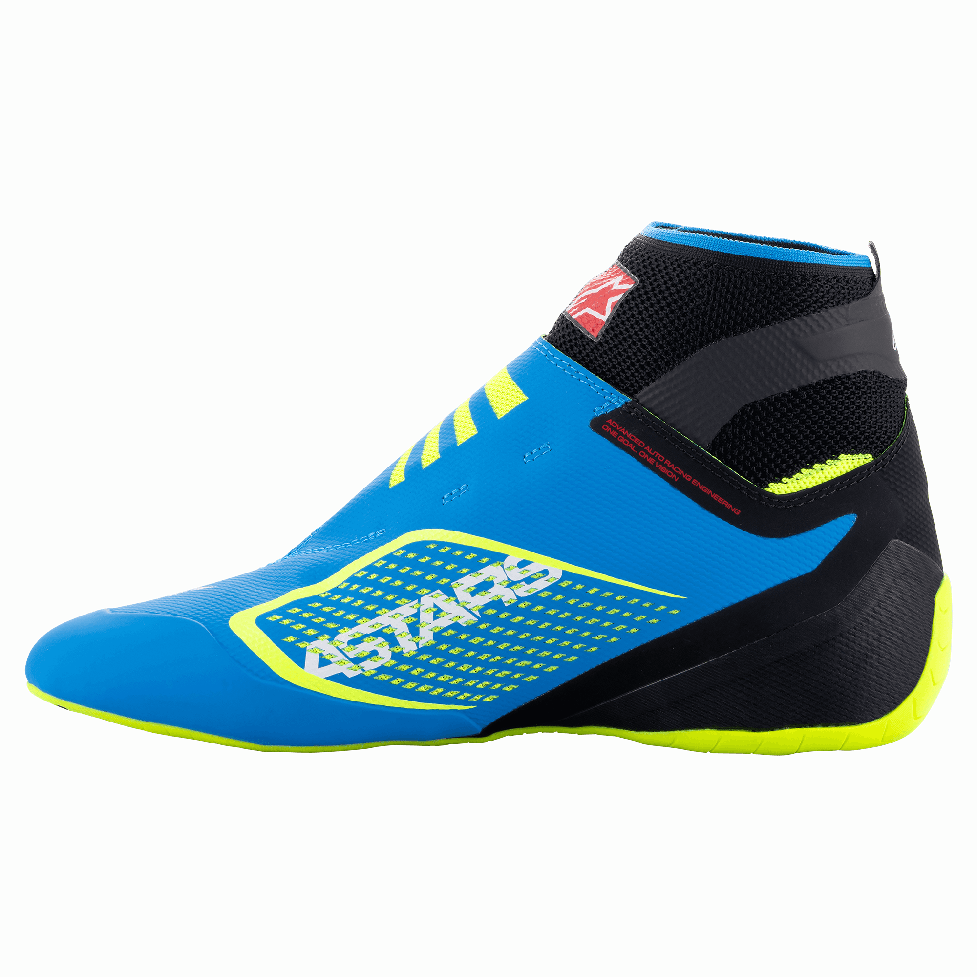 Sapatos Alpinestars Tech-1 KZ V2, sapatos de karting, Azul Enamel com detalhes em preto e Amarelo Fluo, vista lateral de perfil com construção superior em malha sem costuras e sola de borracha fina derivada da Fórmula 1, logótipo ASTARS em destaque na lateral.