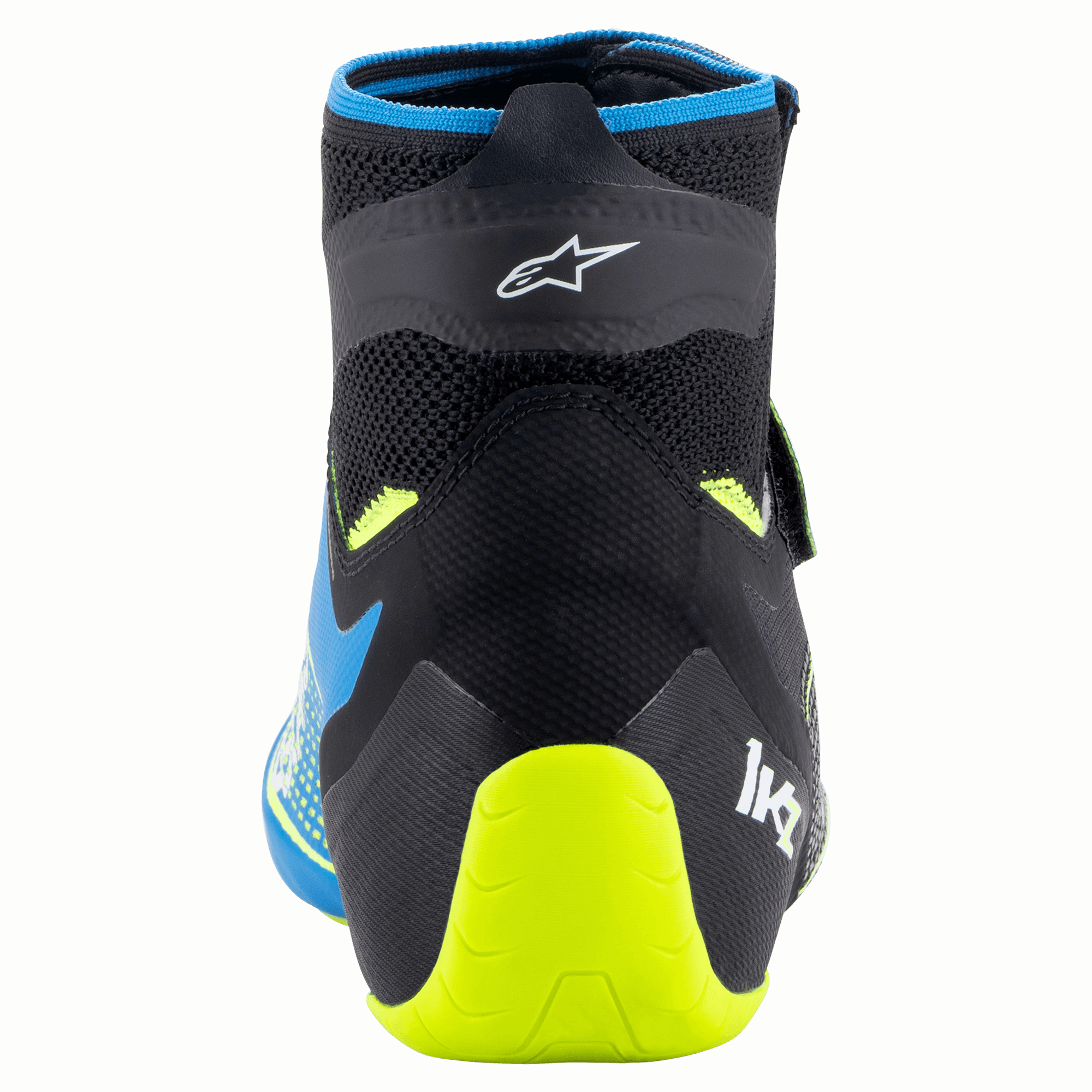 Sapatos Alpinestars Tech-1 KZ V2, sapatos de karting, preto, azul esmalte e amarelo néon, vista traseira mostrando a construção superior em malha tricotada, o logótipo Alpinestars e o suporte de calcanhar em amarelo néon vibrante