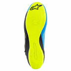 Sapatos de Karting Alpinestars Tech-1 KZ V2, Preto, Azul Enamel e Amarelo Fluo, vista inferior da sola exterior fina de borracha amarelo fluo, padrão de aderência texturizado com logótipos Alpinestars, concebidos para sensibilidade aos pedais