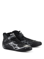 Sapatos Alpinestars Tech-1 Z V3 FIA, calçado para automobilismo, preto e prateado, couro bovino premium com logótipo da estrela Alpinestars prateado, perfil elegante de corte baixo com sistema de laço rápido e tira de Velcro