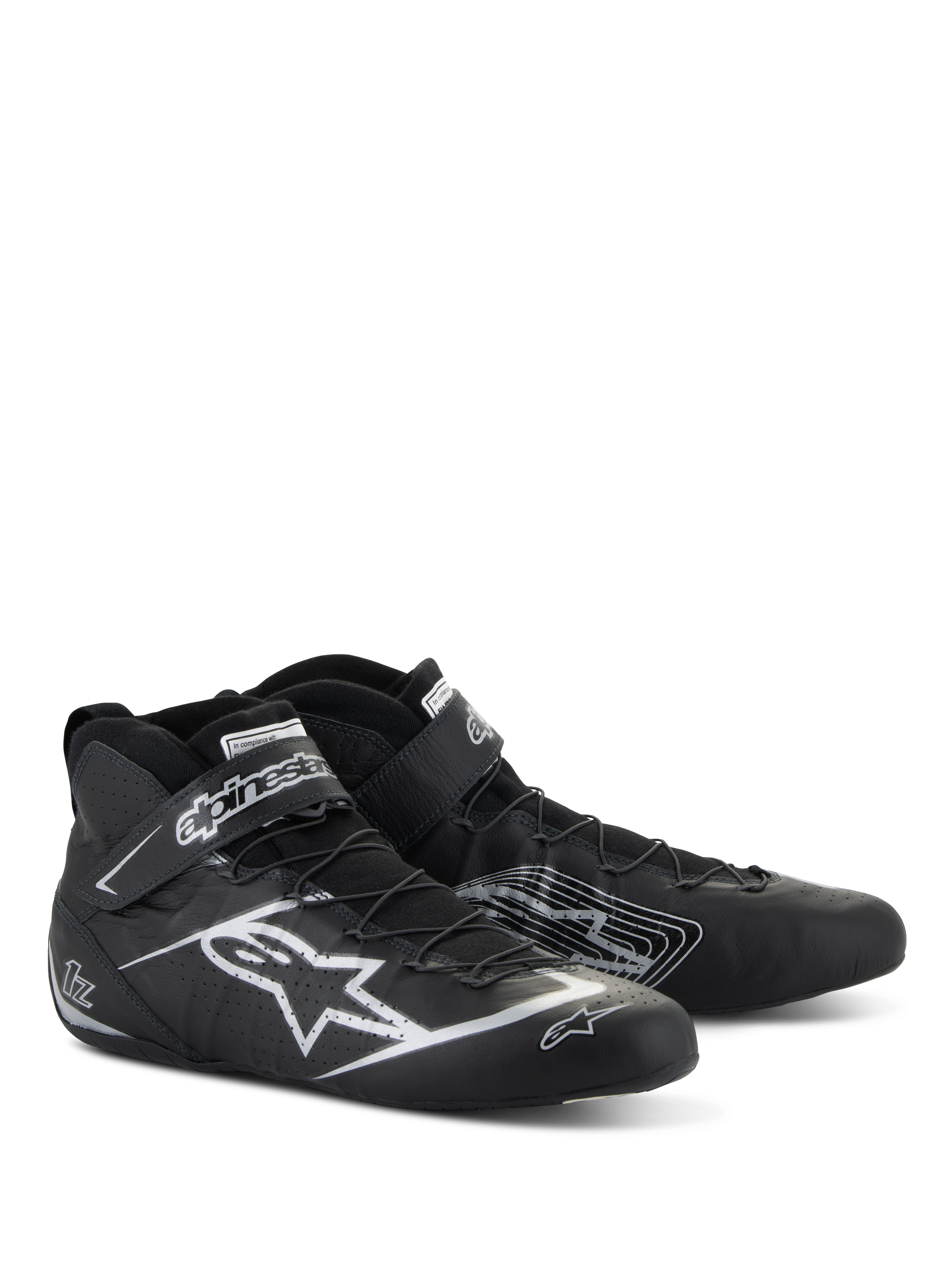 Sapatos Alpinestars Tech-1 Z V3 FIA, calçado para automobilismo, preto e prateado, couro bovino premium com logótipo da estrela Alpinestars prateado, perfil elegante de corte baixo com sistema de laço rápido e tira de Velcro