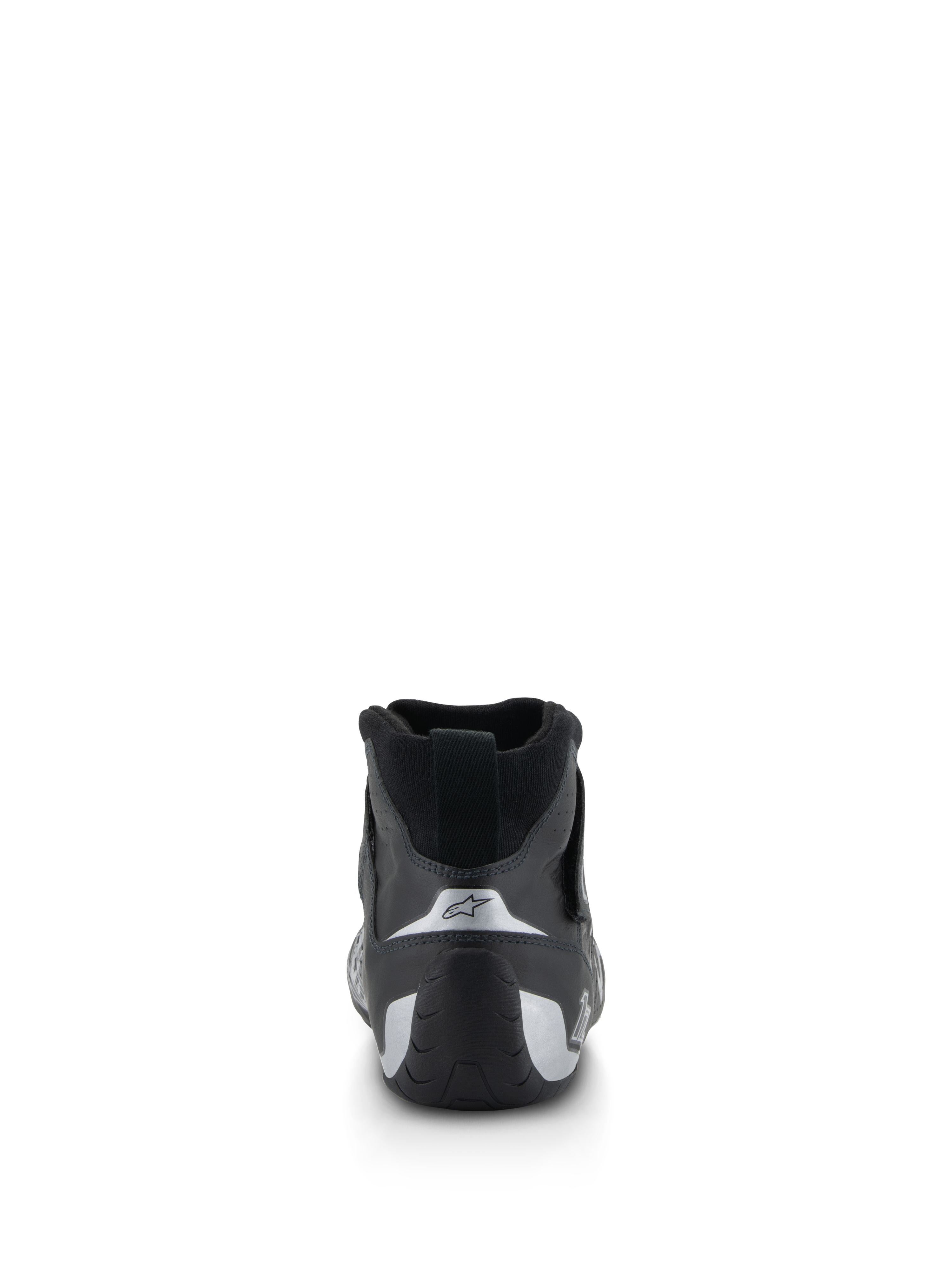 Sapatos Alpinestars Tech-1 Z V3 FIA, sapatos de automobilismo, pretos e prateados, vista traseira mostrando o calcanhar contornado com detalhes prateados e logótipo de estrela, calçado profissional para desportos motorizados