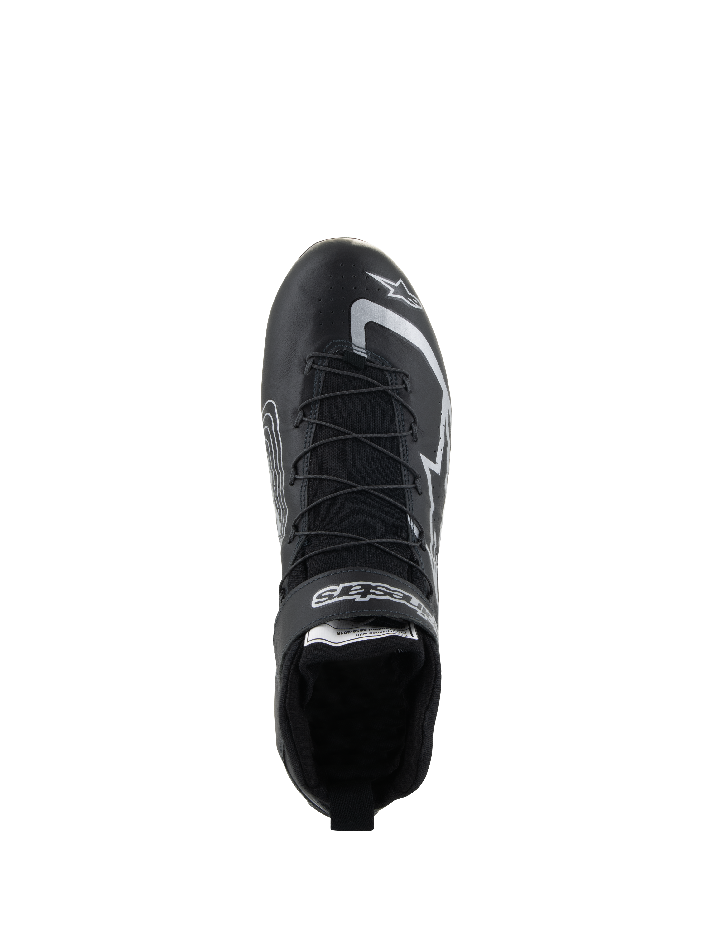 Alpinestars Tech-1 Z V3 Shoes FIA, sapatos de automobilismo, pretos e prateados, vista superior mostrando o sistema de laço rápido e logótipos Alpinestars, calçado de desporto motorizado em couro bovino profissional