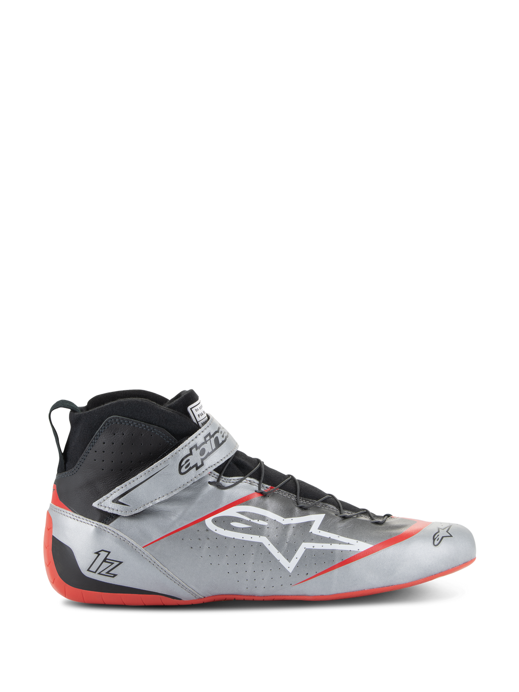 Sapatos de corrida Alpinestars Tech-1 Z V3 FIA, prateado escuro com detalhes em preto e vermelho, design de cano alto com logótipo de estrela branca, sola vermelha, couro perfurado para ventilação e fecho de velcro