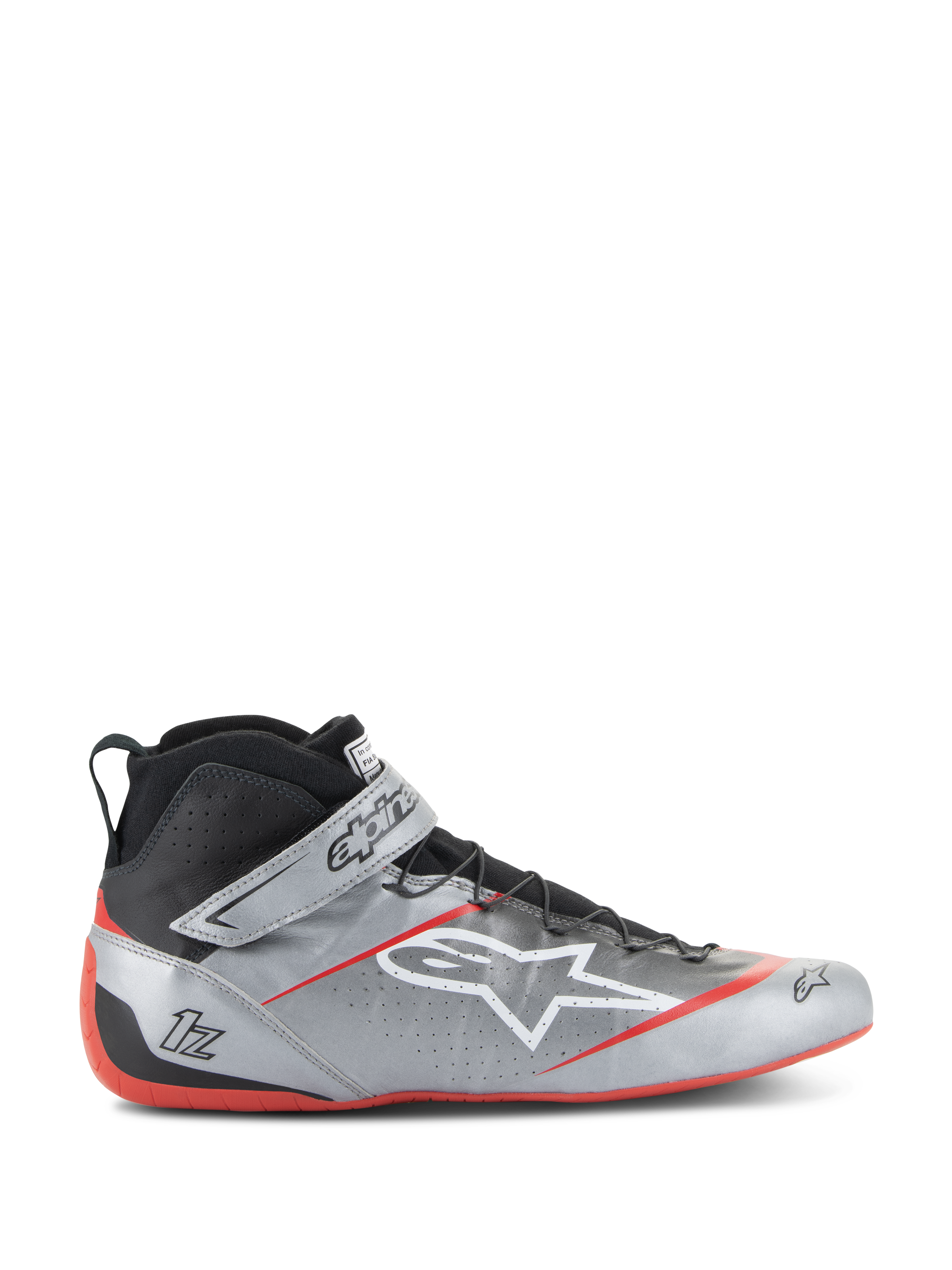 Sapatos de corrida Alpinestars Tech-1 Z V3 FIA, prateado escuro com detalhes em preto e vermelho, design de cano alto com logótipo de estrela branca, sola vermelha, couro perfurado para ventilação e fecho de velcro