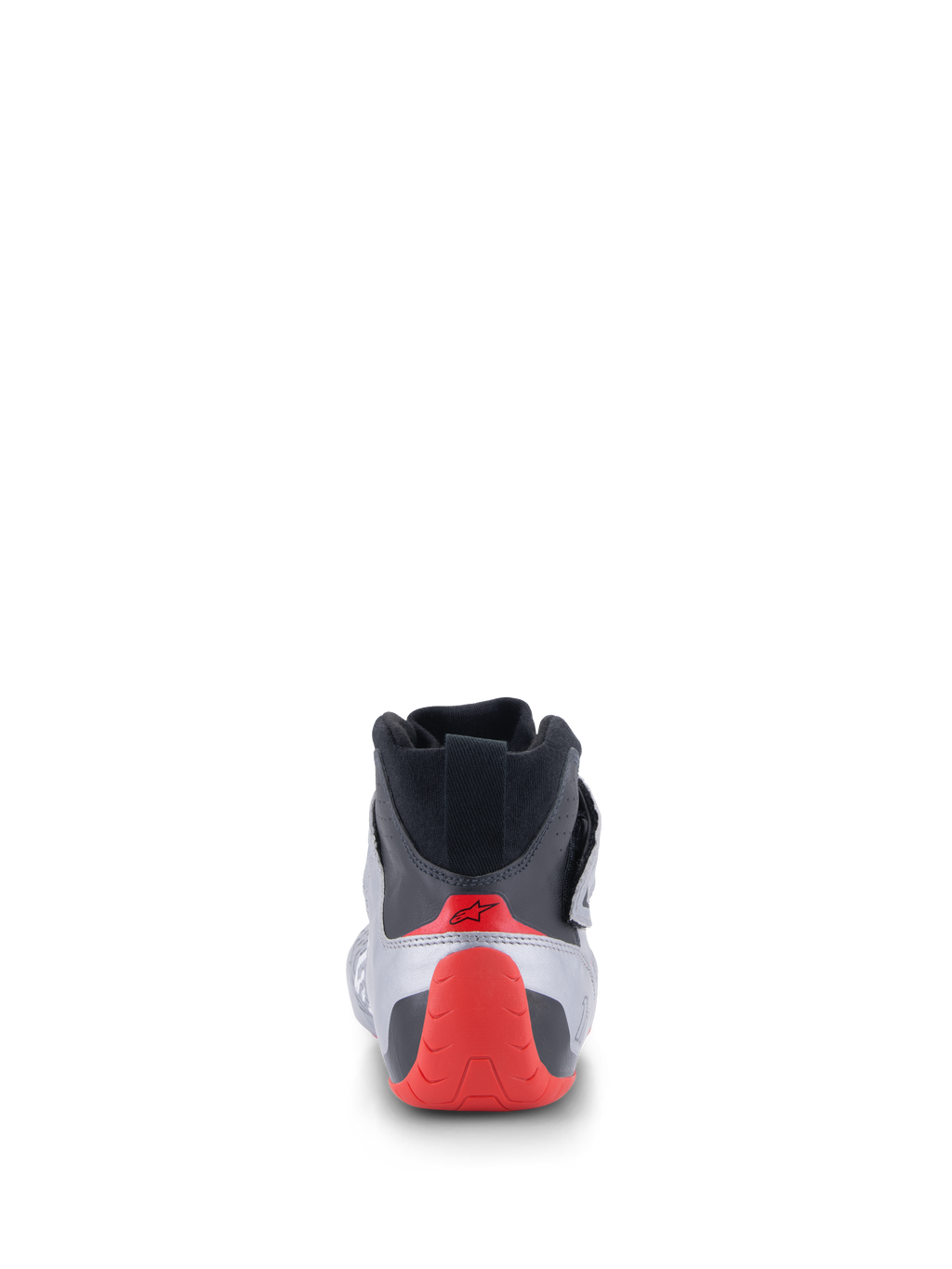 Sapatos Alpinestars Tech-1 Z V3 FIA, sapatos de automobilismo, vista traseira em prateado escuro, preto e vermelho, com calcanhar termoformado vermelho e colarinho de malha preta, calçado profissional de desporto motorizado