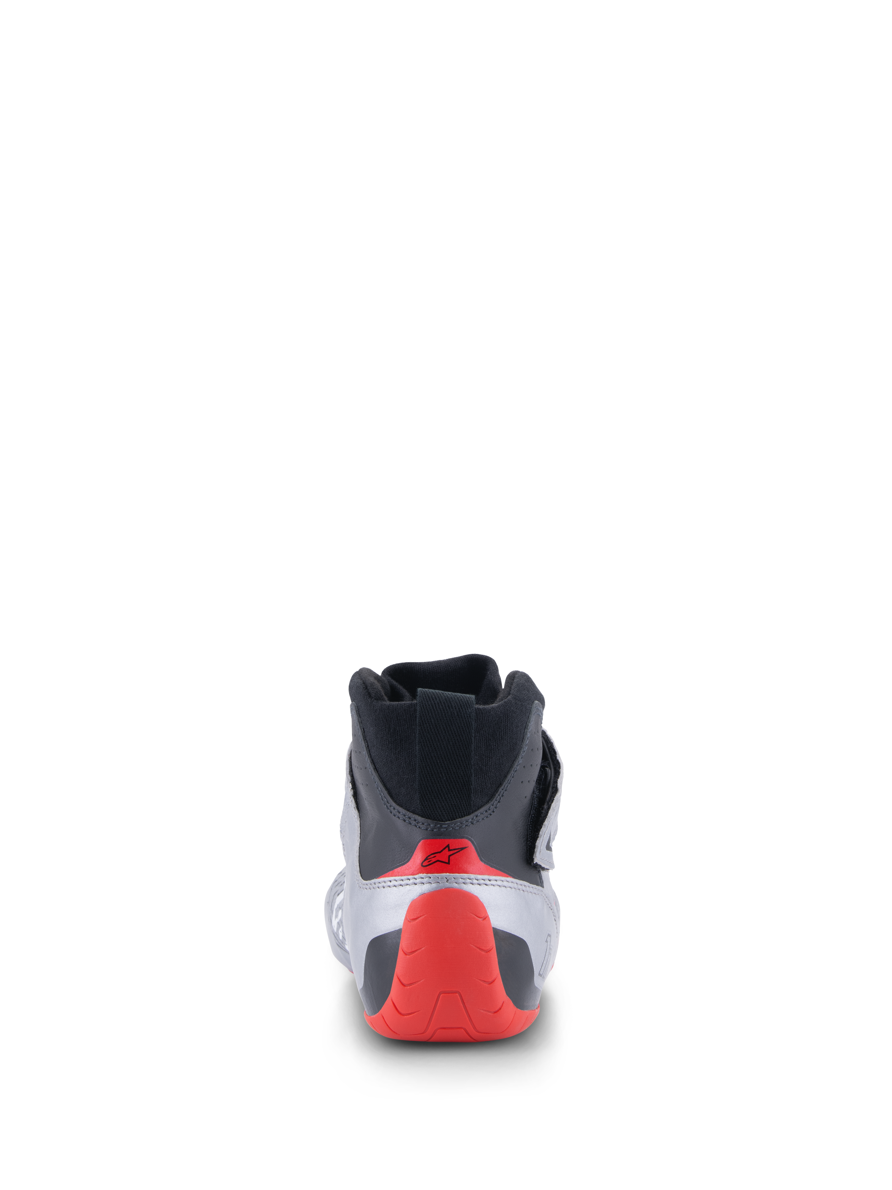 Sapatos Alpinestars Tech-1 Z V3 FIA, sapatos de automobilismo, vista traseira em prateado escuro, preto e vermelho, com calcanhar termoformado vermelho e colarinho de malha preta, calçado profissional de desporto motorizado