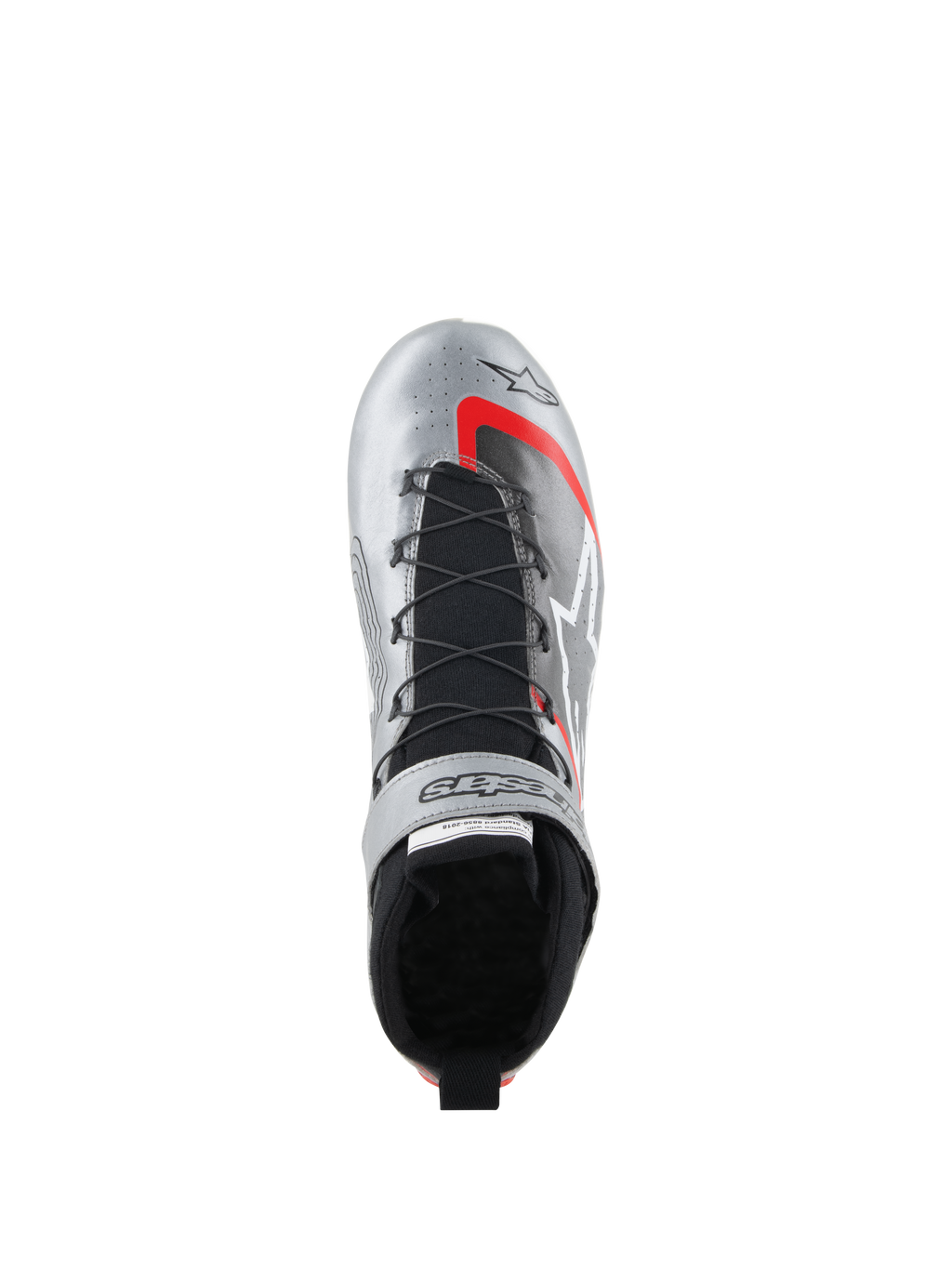 Sapatos Alpinestars Tech-1 Z V3 FIA, sapatos de automobilismo, prateado escuro com detalhes em preto e vermelho, vista superior mostrando o sistema de atacadores rápidos, língua tricotada preta e acabamento em pele metálica com branding proeminente.
