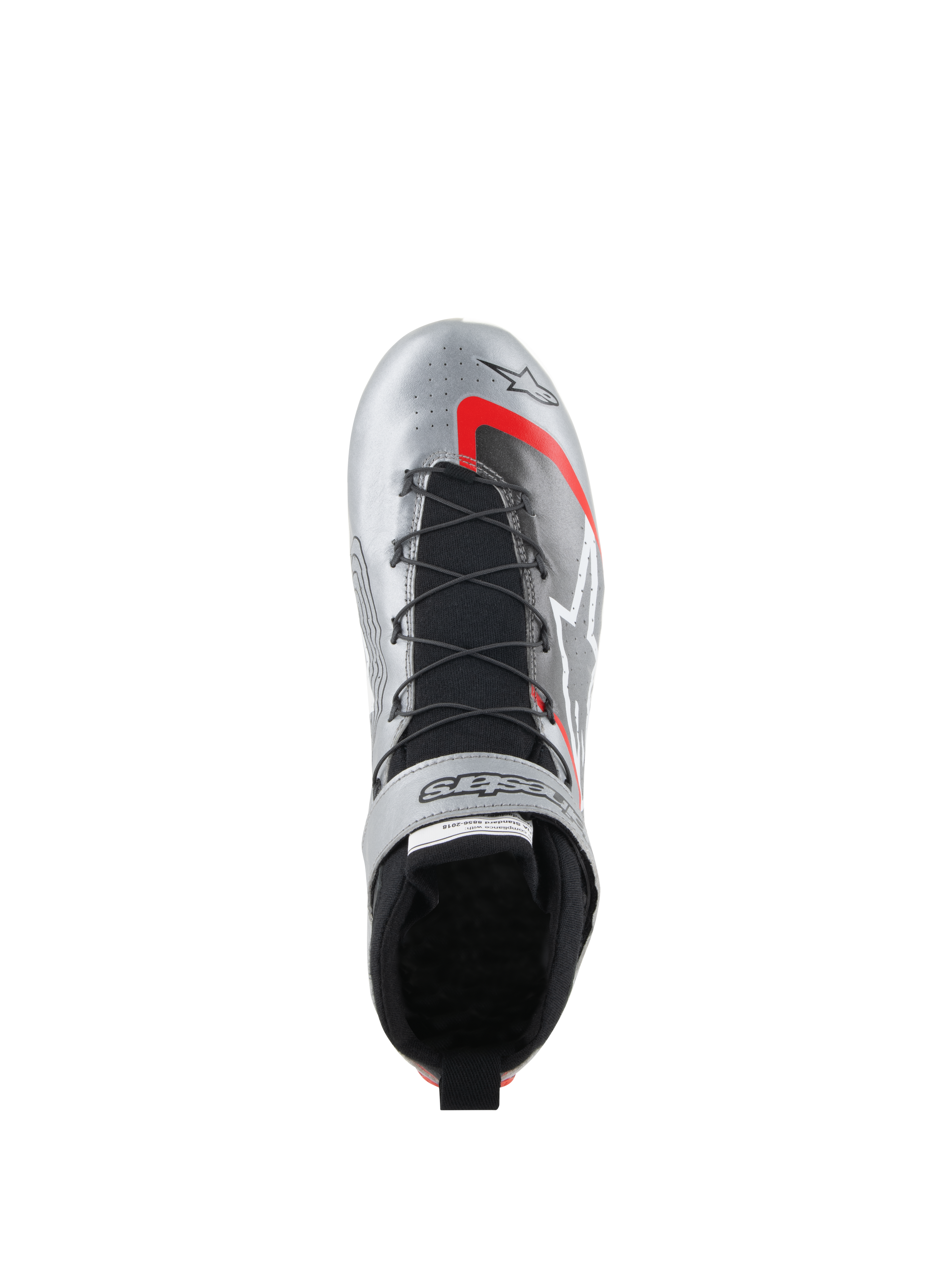Sapatos Alpinestars Tech-1 Z V3 FIA, sapatos de automobilismo, prateado escuro com detalhes em preto e vermelho, vista superior mostrando o sistema de atacadores rápidos, língua tricotada preta e acabamento em pele metálica com branding proeminente.