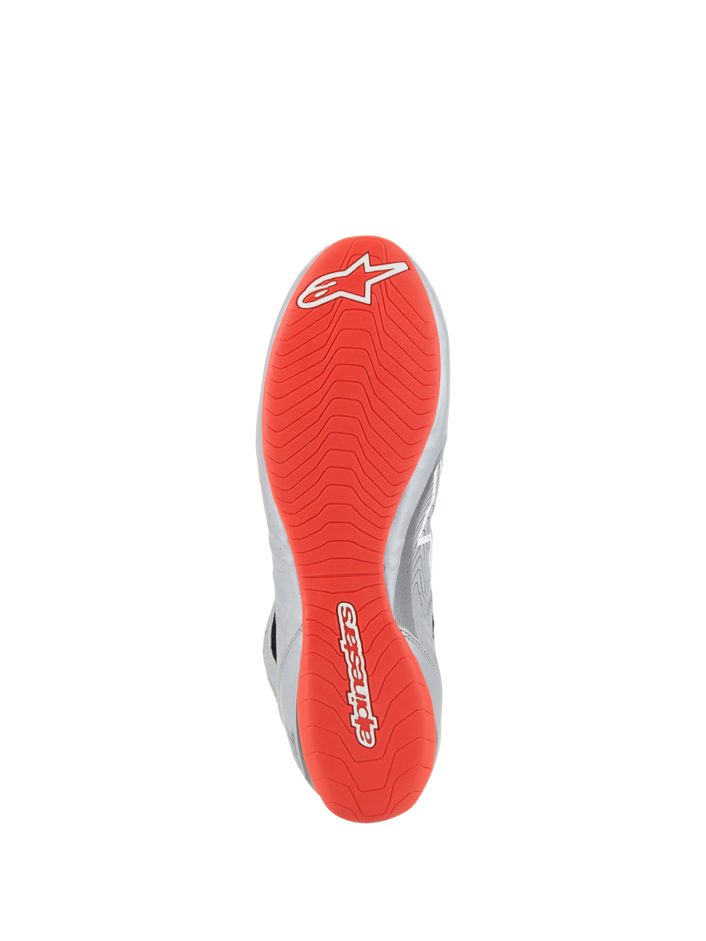 Sapatos Alpinestars Tech-1 Z V3 FIA, sapatos de automobilismo, cinzento escuro, preto e vermelho, vista inferior que mostra a sola de borracha vermelho brilhante com logótipos Alpinestars brancos, padrão de rasto assimétrico texturizado para aderência, detalhes em couro prateado na lateral