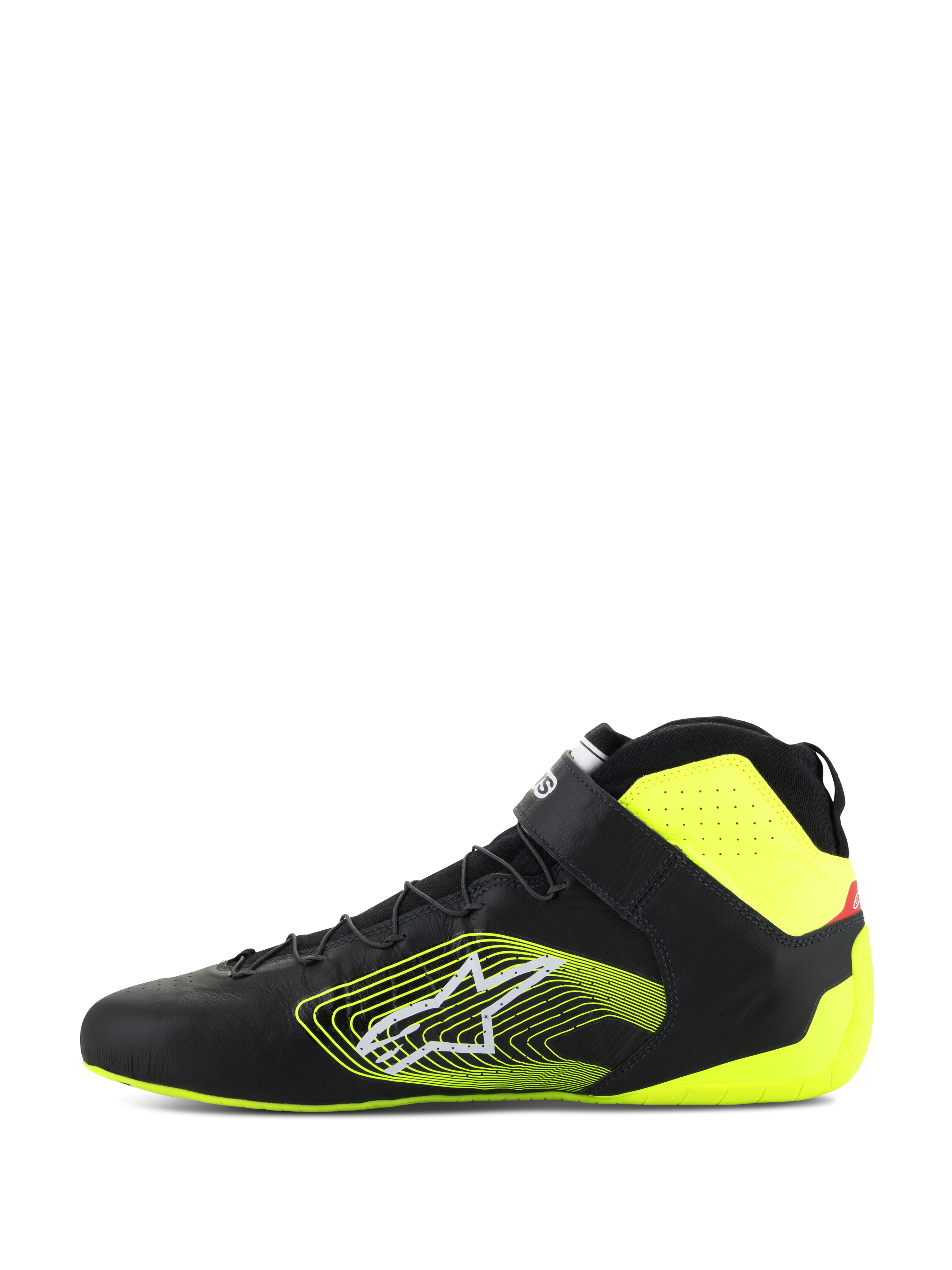 Alpinestars Tech-1 Z V3 Shoes FIA, Auto Racing Shoes, Black and Yellow Fluo, side profile view, premium leather upper with speed lacing and ankle strap, bold yellow graphic logo on the side, fluorescent yellow heel and collar accents