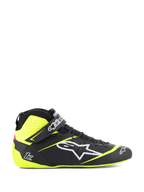 Alpinestars Tech-1 Z V3 Shoes FIA, Auto Racing Shoes, Black and Yellow Fluo, side profile of high-top motorsport footwear, white star logo, perforated design for breathability, adjustable ankle strap, thin rubber sole.