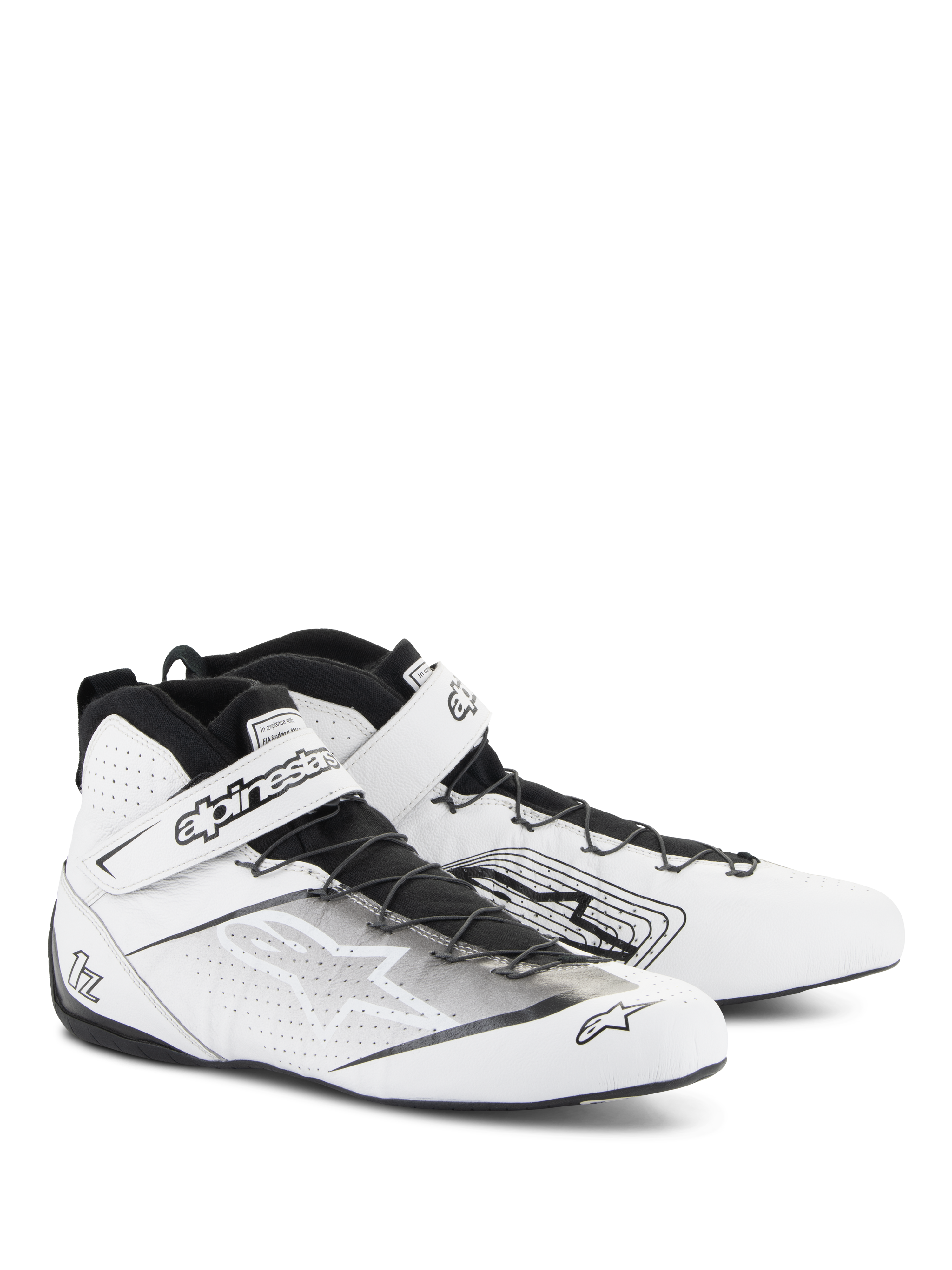 Alpinestars Tech-1 Z V3 Shoes FIA, sapatos de automobilismo, brancos e pretos, com couro bovino premium e painéis perfurados, sistema de atacadores rápidos com tira de Velcro segura, design elegante e profissional de desportos motorizados