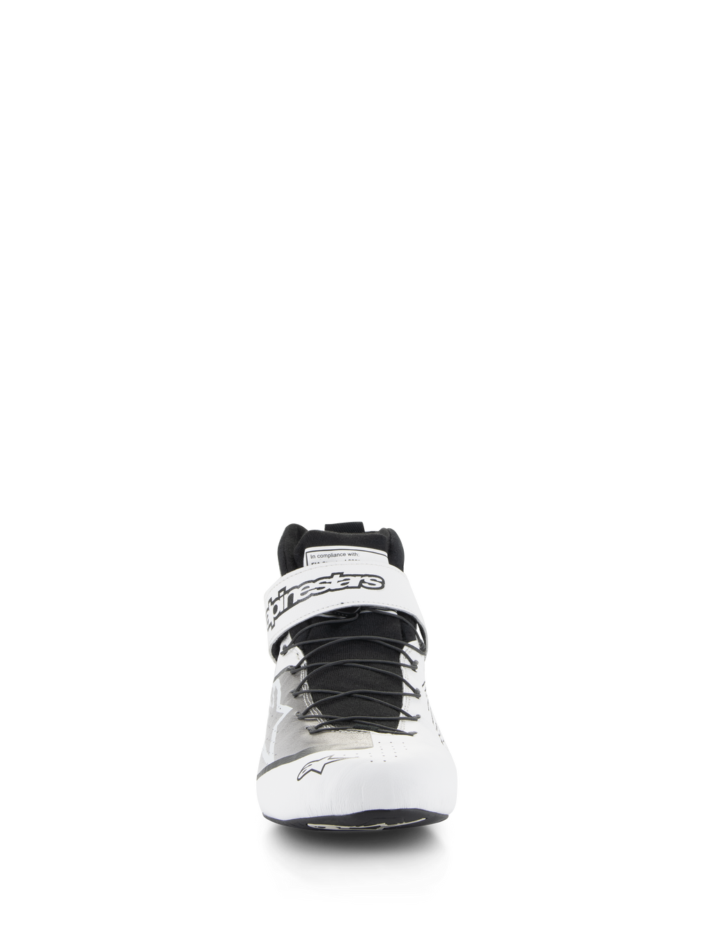 Sapatos Alpinestars Tech-1 Z V3 FIA, calçado profissional de automobilismo, branco e preto, vista frontal com sistema de laço rápido e tira de Velcro superior com a marca Alpinestars, parte superior em couro perfurado para respirabilidade
