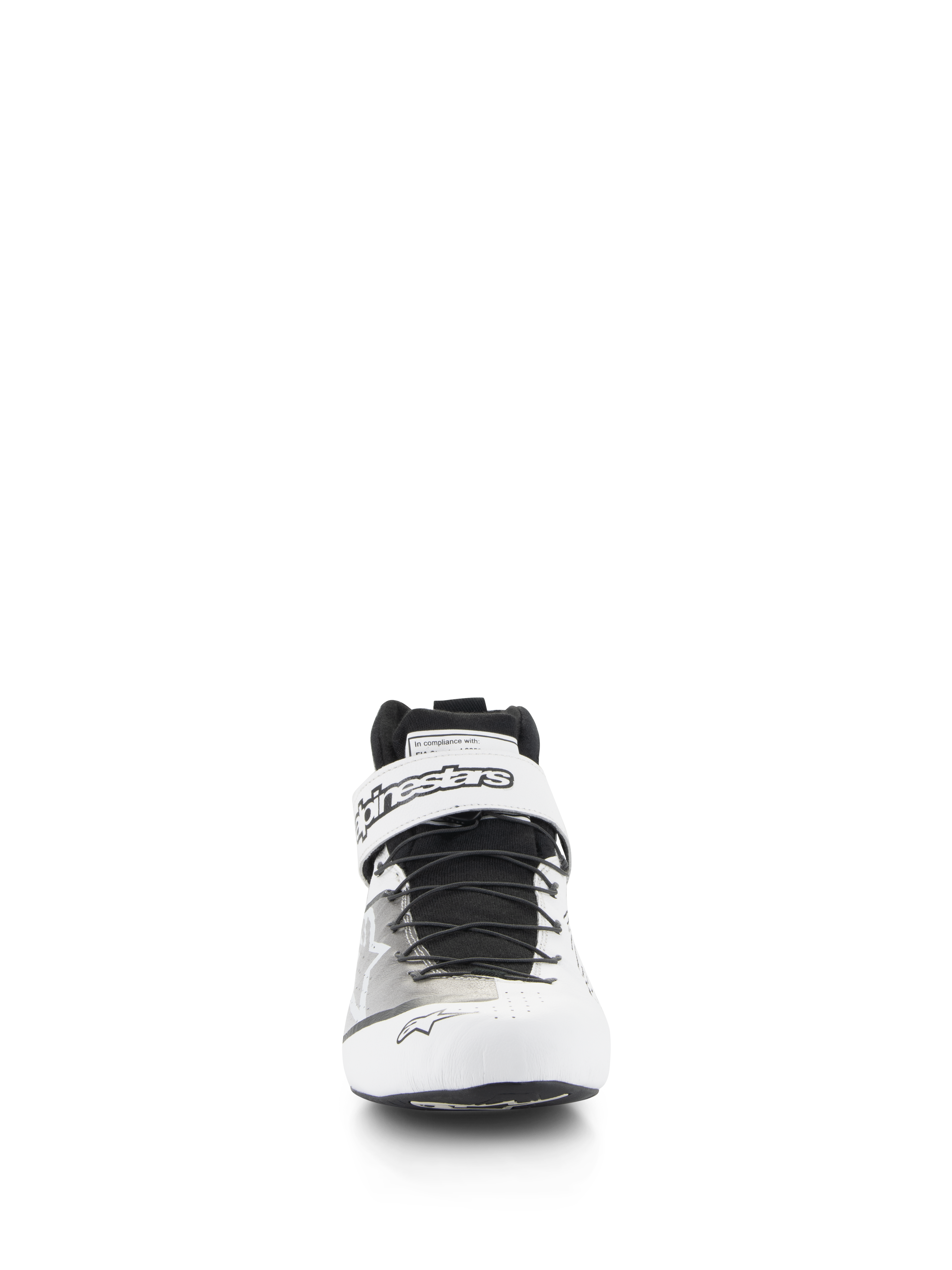 Sapatos Alpinestars Tech-1 Z V3 FIA, calçado profissional de automobilismo, branco e preto, vista frontal com sistema de laço rápido e tira de Velcro superior com a marca Alpinestars, parte superior em couro perfurado para respirabilidade