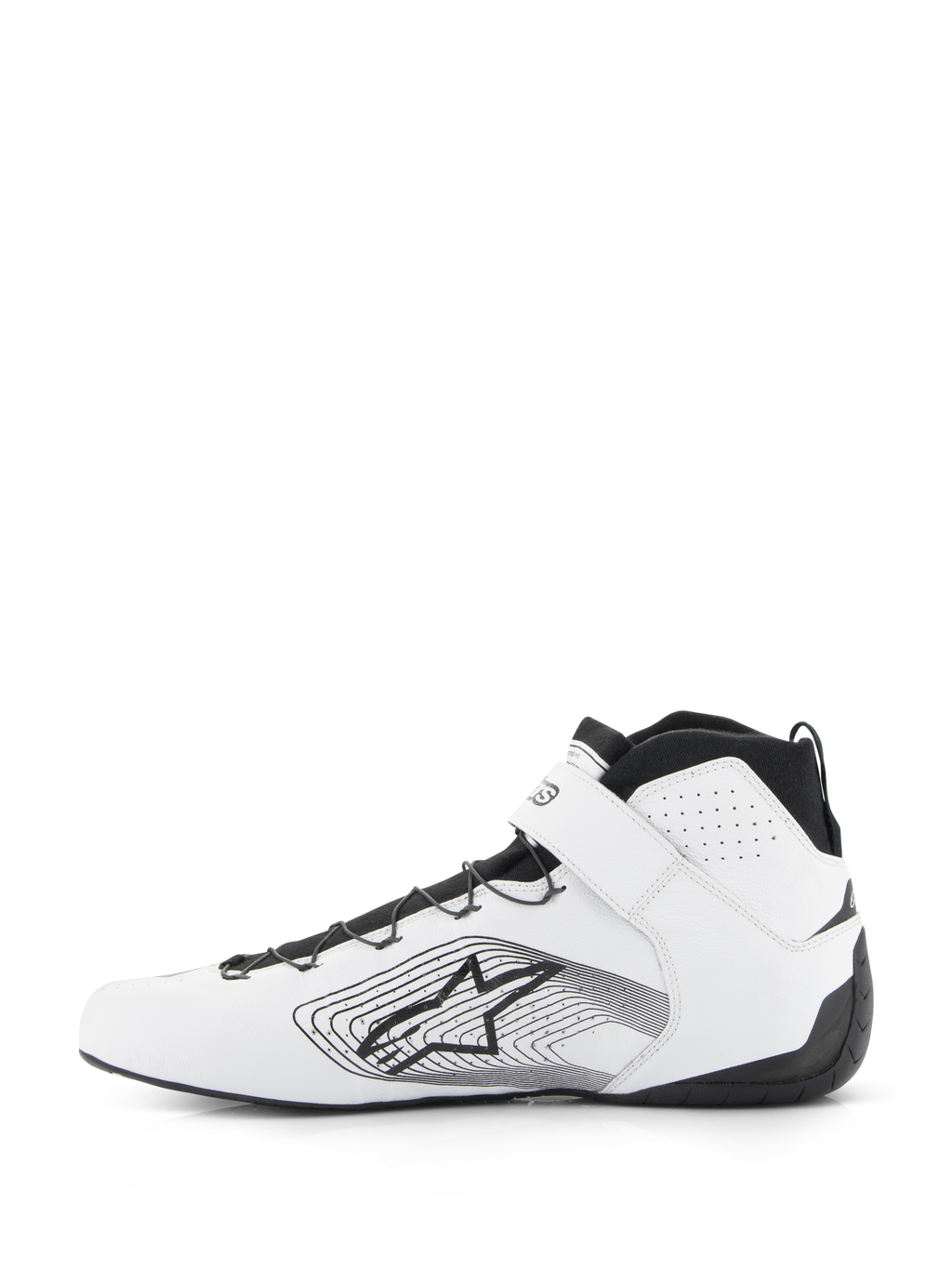 Alpinestars Tech-1 Z V3 Shoes FIA, sapatos de automobilismo, branco e preto, perfil lateral de sapato de competição em couro premium com sistema de atacadores rápidos pretos, tira de tornozelo branca e logótipo da estrela Alpinestars com gráfico linear na lateral