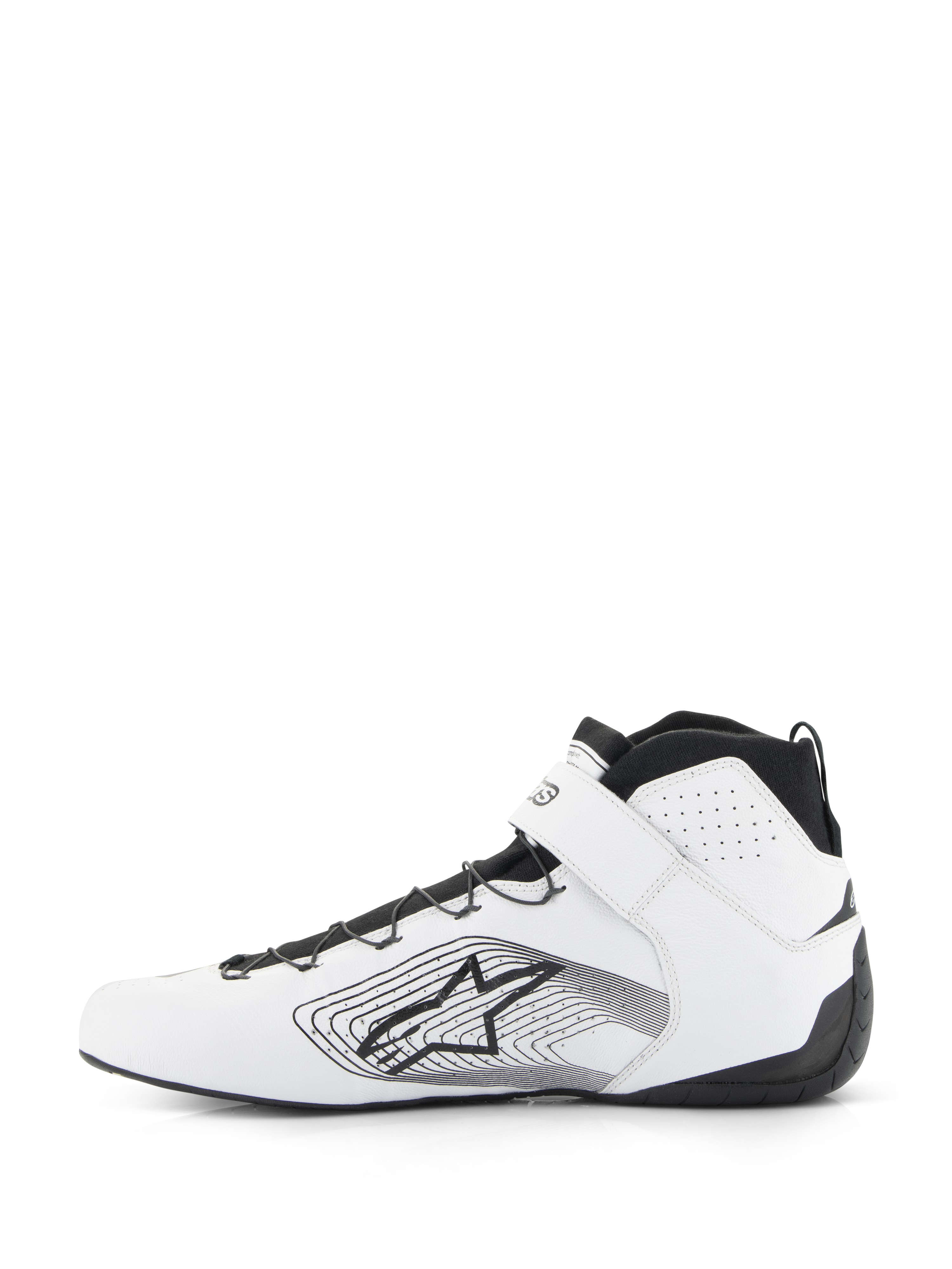 Alpinestars Tech-1 Z V3 Shoes FIA, sapatos de automobilismo, branco e preto, perfil lateral de sapato de competição em couro premium com sistema de atacadores rápidos pretos, tira de tornozelo branca e logótipo da estrela Alpinestars com gráfico linear na lateral