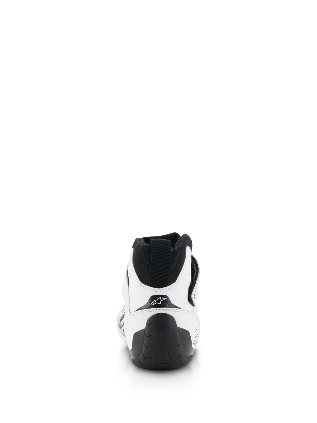 Sapatos Alpinestars Tech-1 Z V3 FIA, sapatos de automobilismo, brancos e pretos, vista traseira com aba de puxar no calcanhar em preto, sola de borracha texturizada e parte superior em couro bovino branco com o logótipo de estrela da Alpinestars