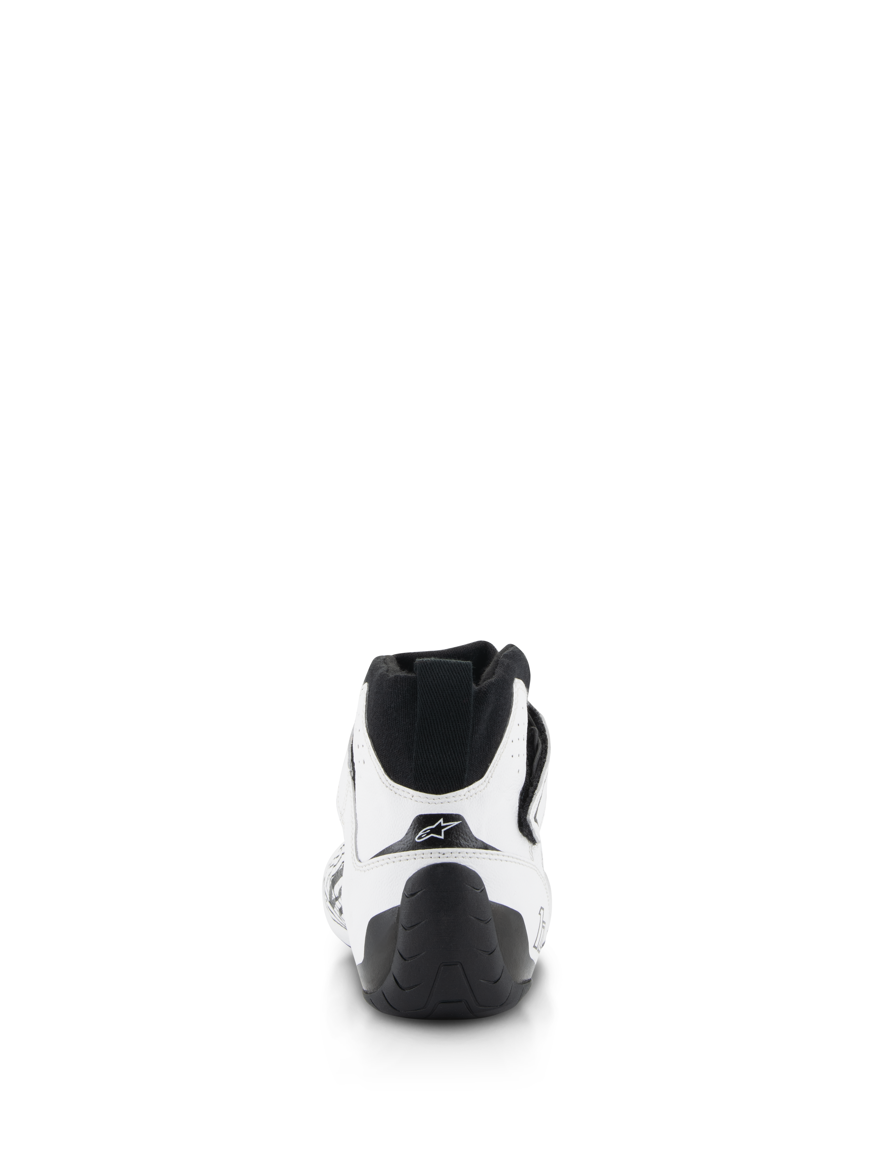 Sapatos Alpinestars Tech-1 Z V3 FIA, sapatos de automobilismo, brancos e pretos, vista traseira com aba de puxar no calcanhar em preto, sola de borracha texturizada e parte superior em couro bovino branco com o logótipo de estrela da Alpinestars