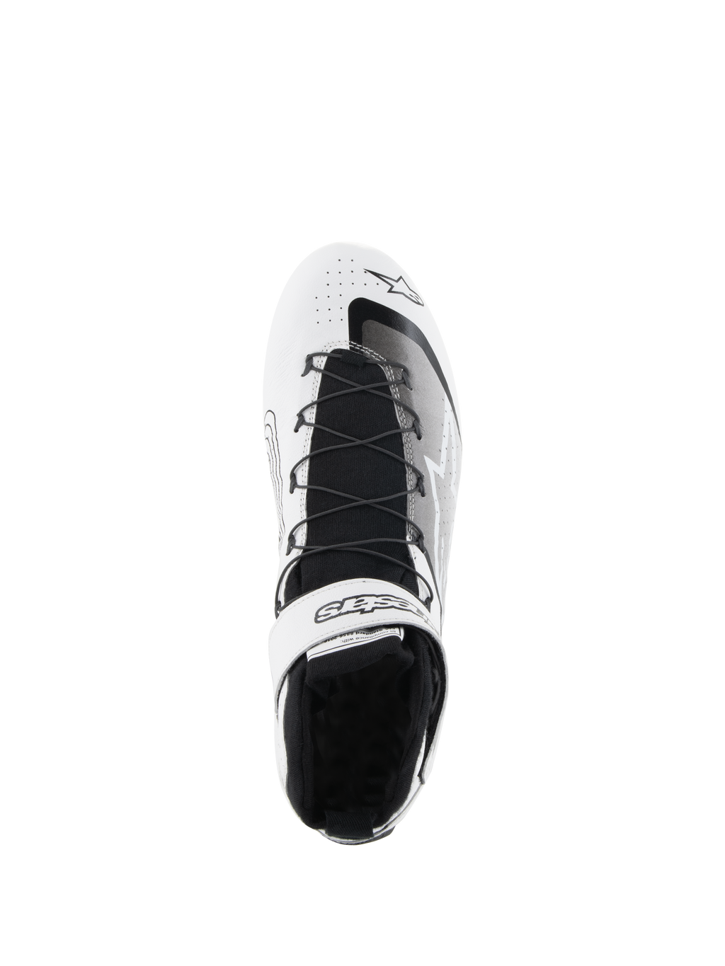 Alpinestars Tech-1 Z V3 Shoes FIA, sapatos de automobilismo, brancos e pretos, vista superior a mostrar o sistema de laço rápido, tira de velcro no tornozelo com a marca, língua tricotada preta e parte superior em couro perfurado para performance em automobilismo