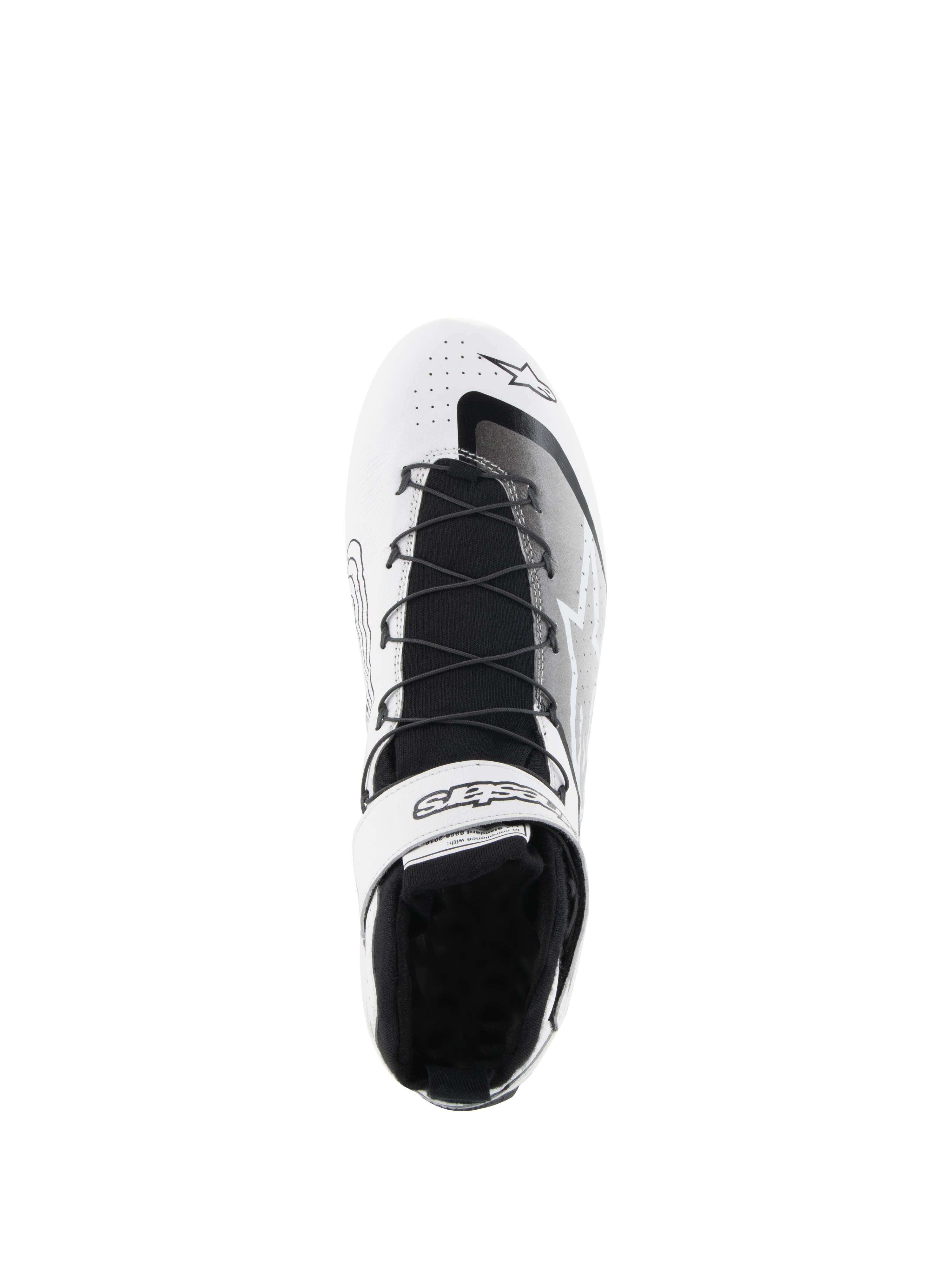 Alpinestars Tech-1 Z V3 Shoes FIA, sapatos de automobilismo, brancos e pretos, vista superior a mostrar o sistema de laço rápido, tira de velcro no tornozelo com a marca, língua tricotada preta e parte superior em couro perfurado para performance em automobilismo