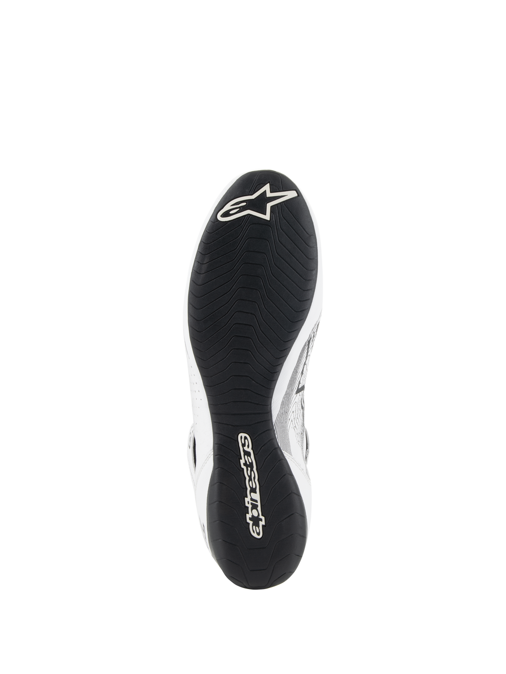 Alpinestars Tech-1 Z V3 Shoes FIA, sapatos de automobilismo, brancos e pretos, vista inferior mostrando a sola fina de borracha derivada da F1 com rasto assimétrico, logótipo Alpinestars branco na ponta e marca no calcanhar
