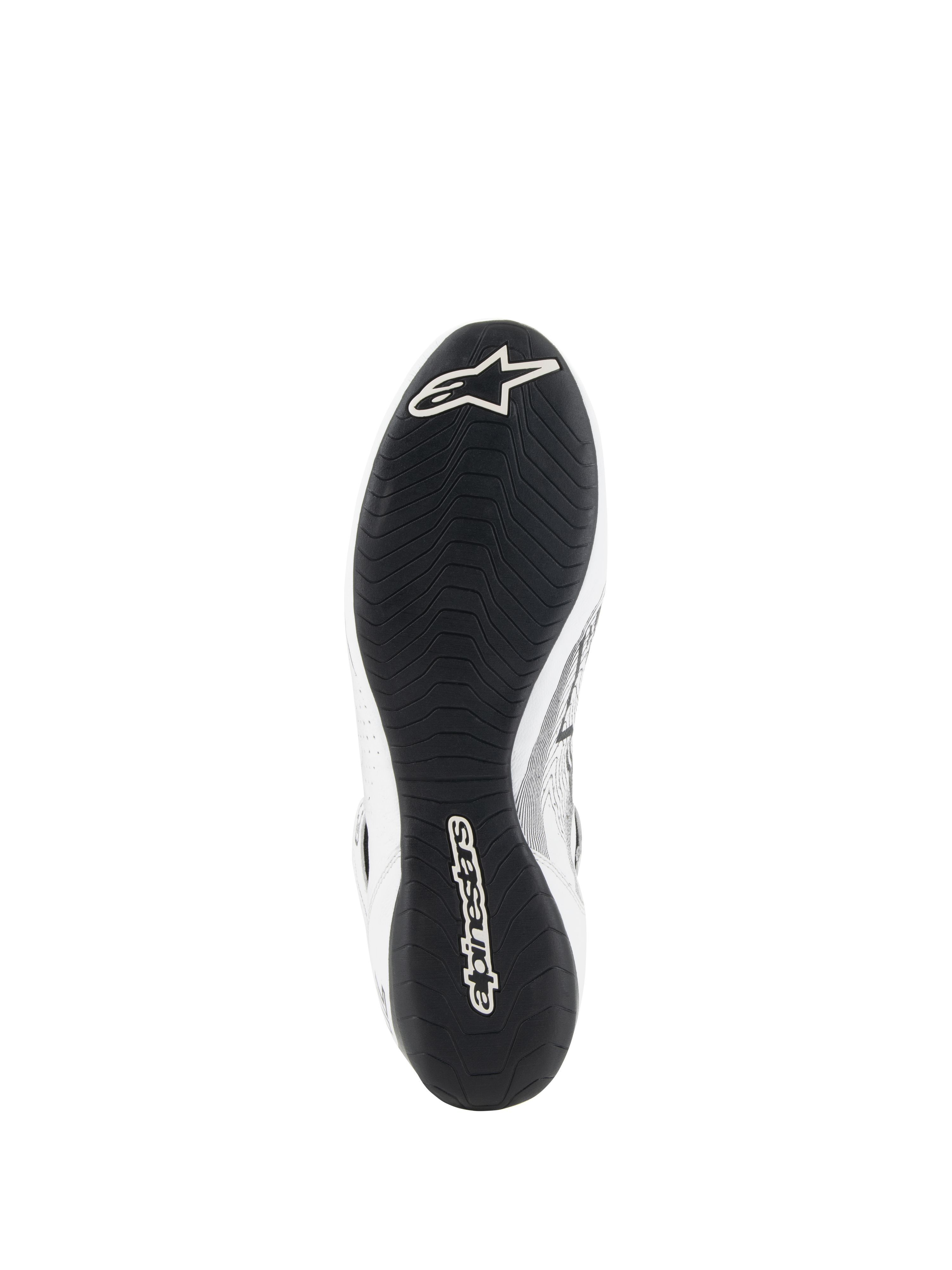 Alpinestars Tech-1 Z V3 Shoes FIA, sapatos de automobilismo, brancos e pretos, vista inferior mostrando a sola fina de borracha derivada da F1 com rasto assimétrico, logótipo Alpinestars branco na ponta e marca no calcanhar