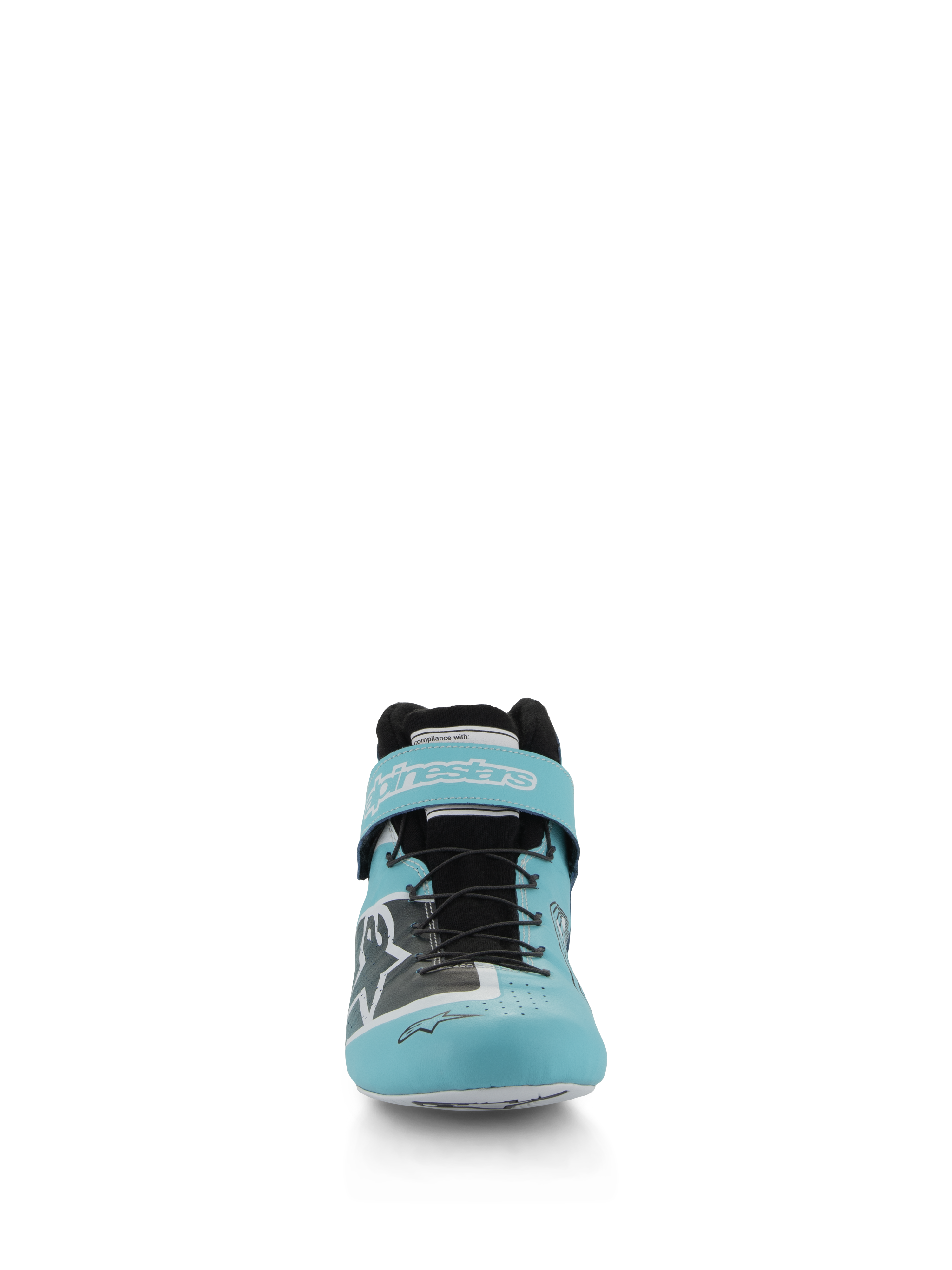 Alpinestars Tech-1 Z V3 Shoes FIA, Auto Racing Shoes, Light Teal White and Black, front view showing the premium leather upper, speed lacing system, and branded velcro ankle strap