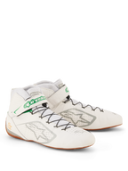 Alpinestars Tech-1 Z V3 Shoes FIA, sapatos de corrida, brancos com detalhes em verde e prateado, parte superior em couro bovino perfurado, sistema de laço rápido com tira de logótipo verde, sola fina de borracha cor goma para sensibilidade nos pedais, calçado profissional de desportos motorizados