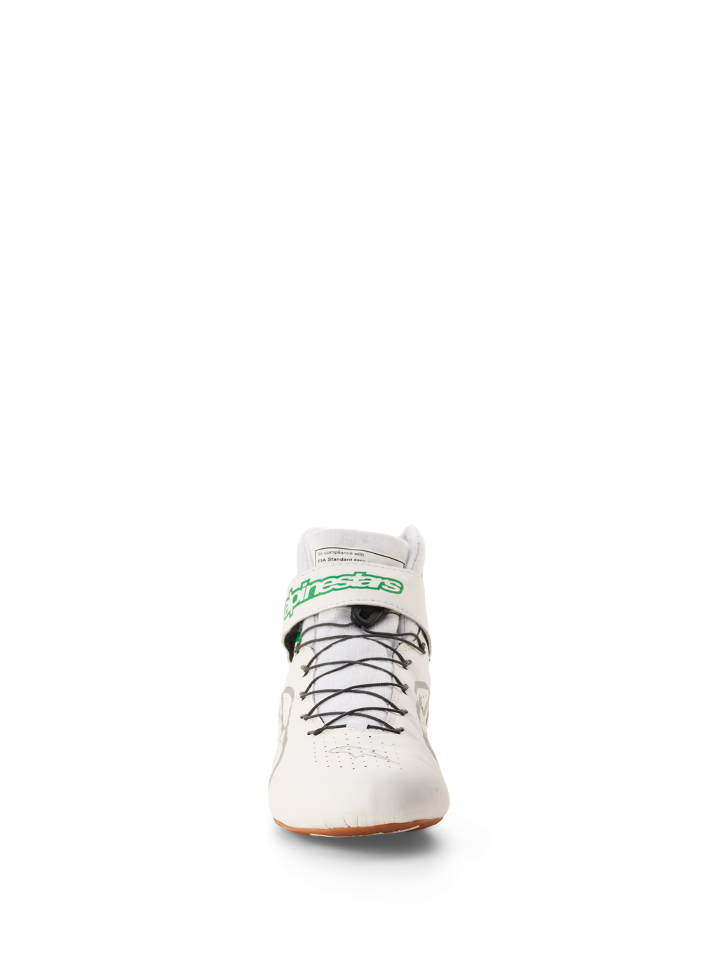 Alpinestars Tech-1 Z V3 Shoes FIA, sapatos de corrida e karting, branco, verde, gum e prateado, vista frontal com logótipo Alpinestars verde na tira do tornozelo, sistema de laço rápido preto e sola de borracha natural, calçado profissional de desporto motorizado