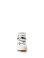 Alpinestars Tech-1 Z V3 Shoes FIA, sapatos de corrida e karting, branco, verde, gum e prateado, vista frontal com logótipo Alpinestars verde na tira do tornozelo, sistema de laço rápido preto e sola de borracha natural, calçado profissional de desporto motorizado