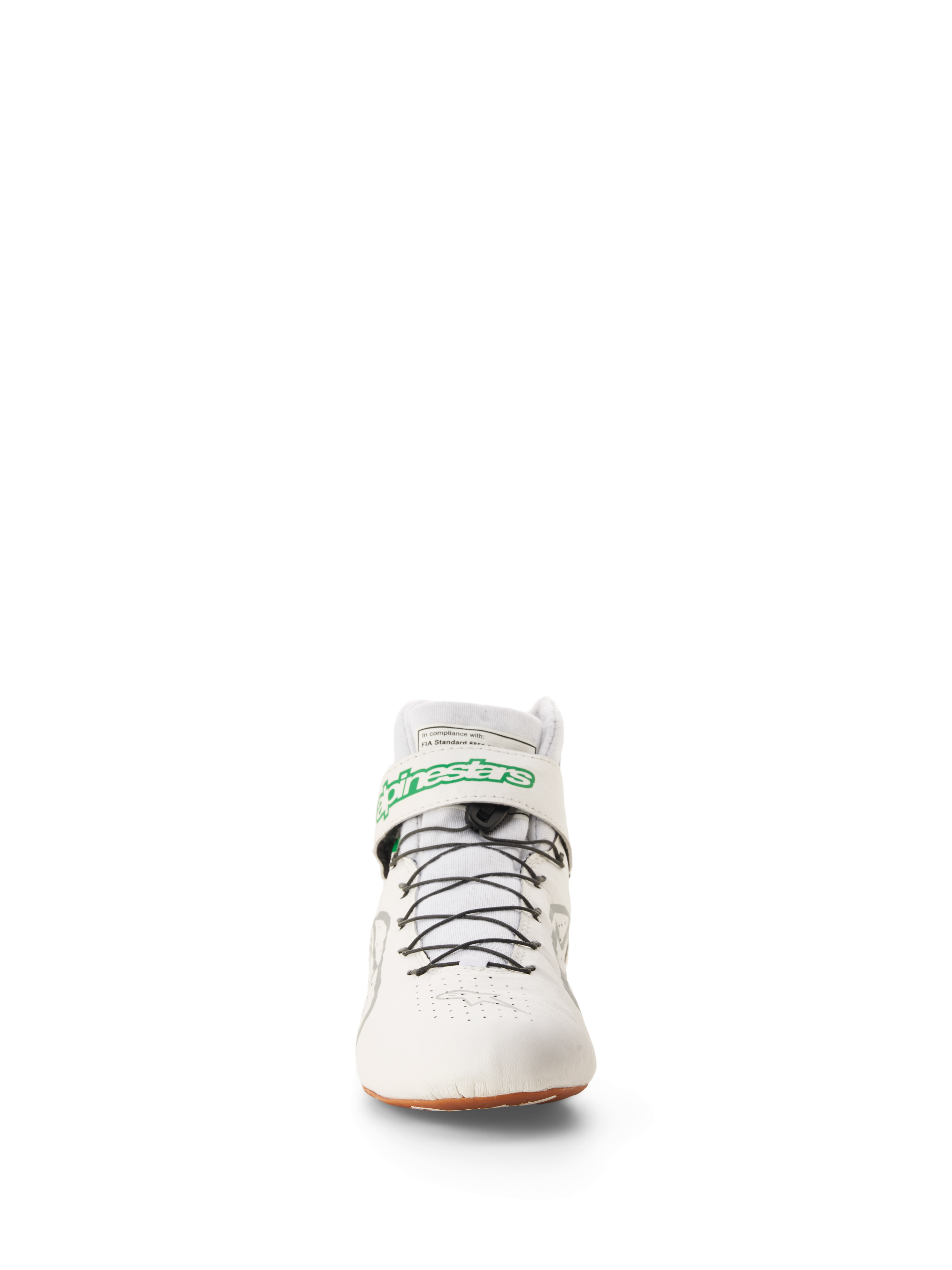Alpinestars Tech-1 Z V3 Shoes FIA, sapatos de corrida e karting, branco, verde, gum e prateado, vista frontal com logótipo Alpinestars verde na tira do tornozelo, sistema de laço rápido preto e sola de borracha natural, calçado profissional de desporto motorizado